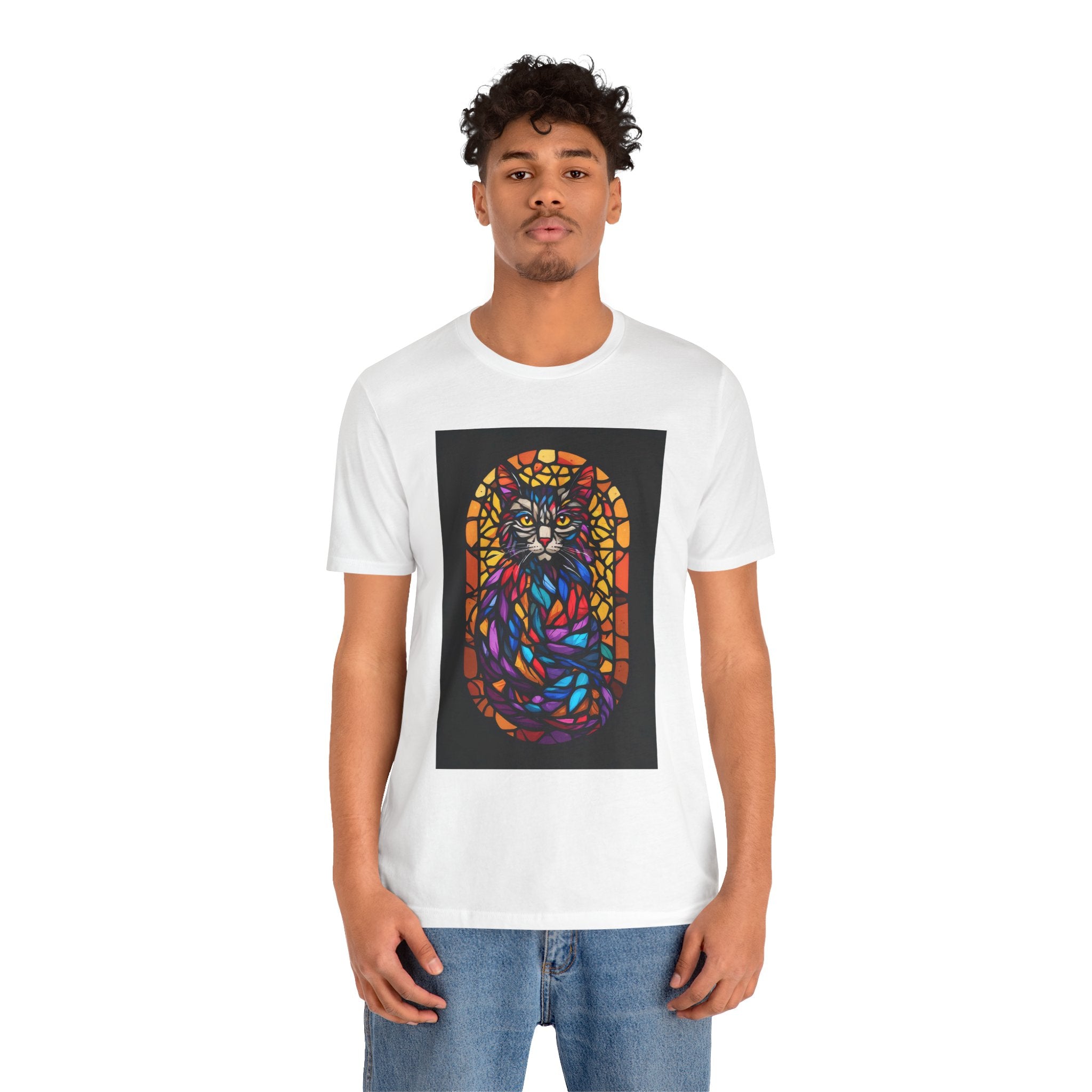 Stained Glass Cat T-Shirt — Colorful Mosaic Feline Tee