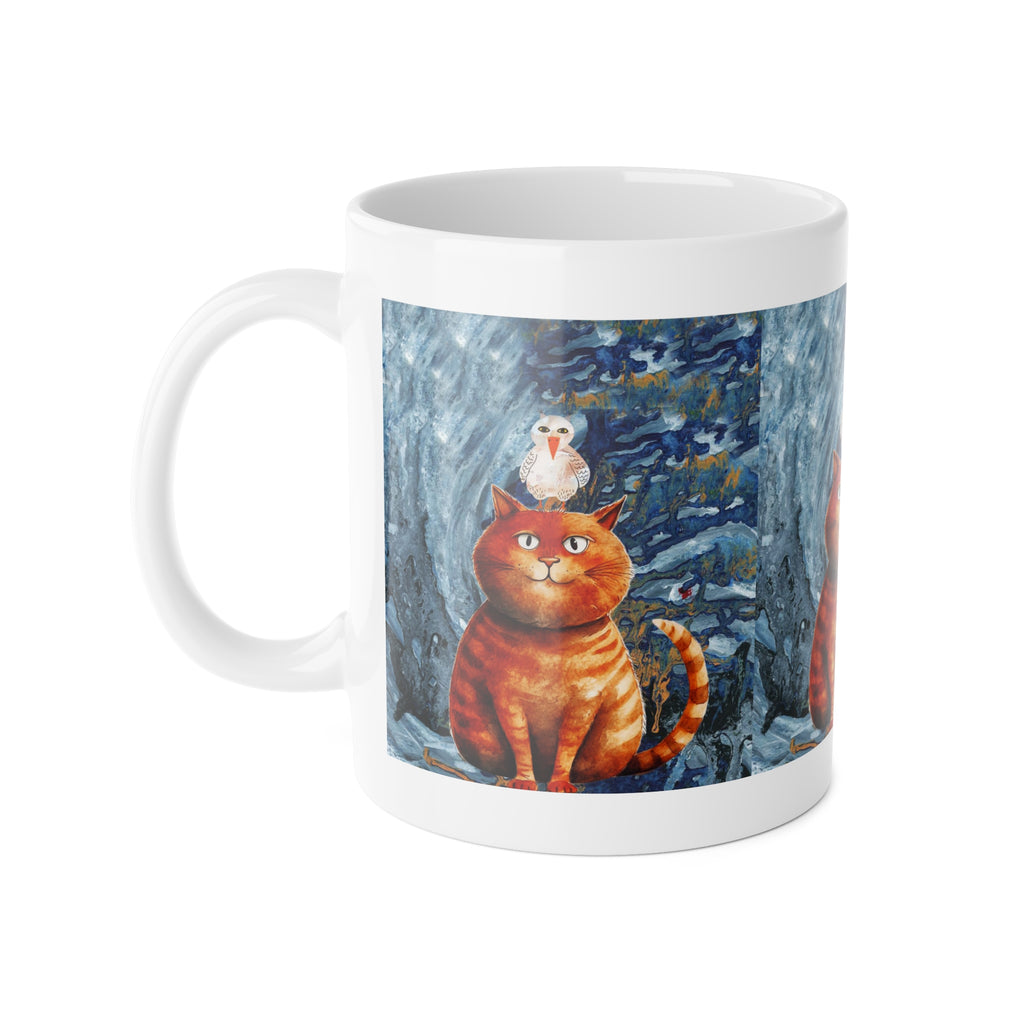 Cat & Bird Winter Mug — Whimsical Illustrated Cat with Snowy Forest Scene, 11oz Ceramic