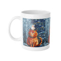 Cat & Bird Winter Mug — Whimsical Illustrated Cat with Snowy Forest Scene, 11oz Ceramic