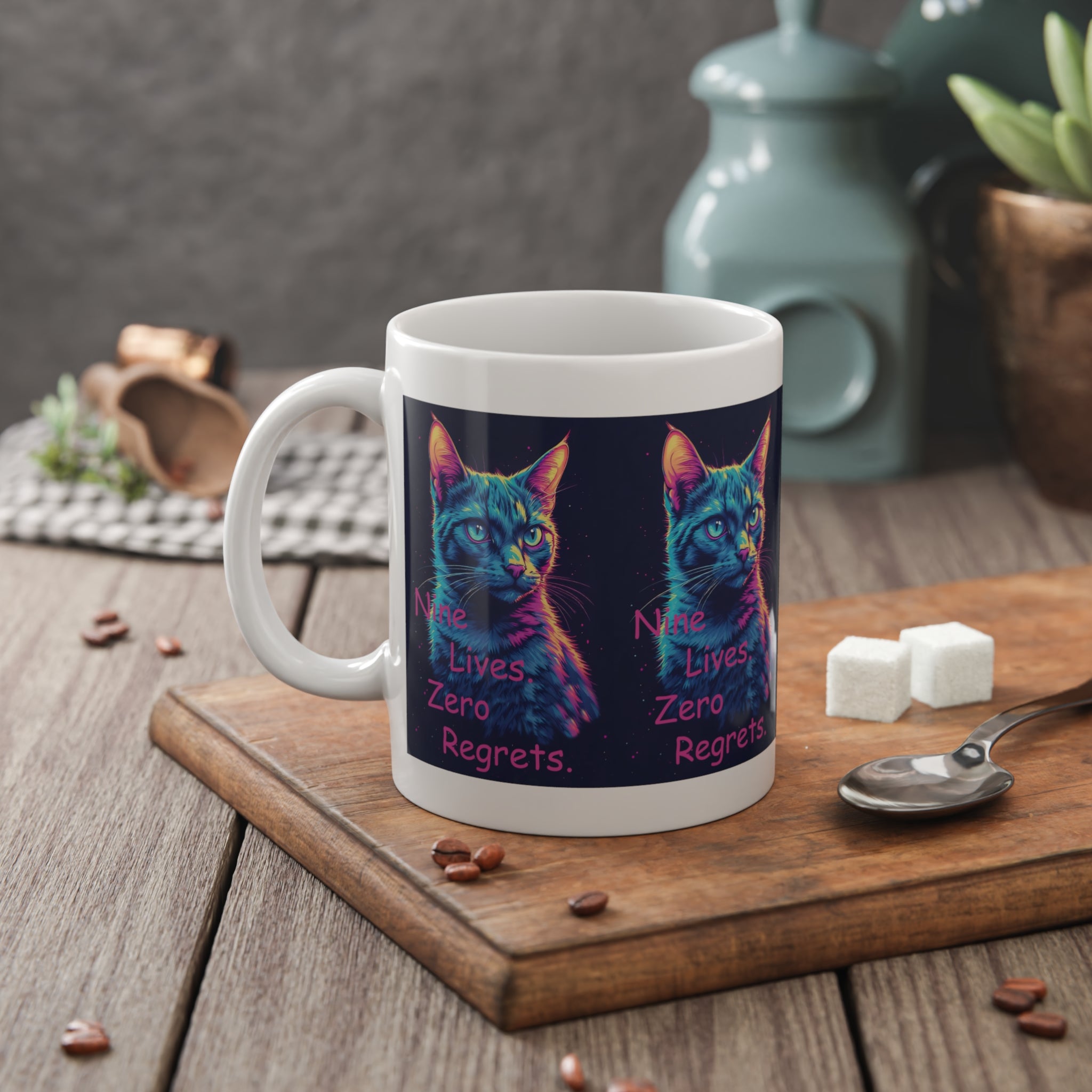 Cat Mug — Neon Tabby "Nine Lives, Zero Regrets" Ceramic Coffee Cup
