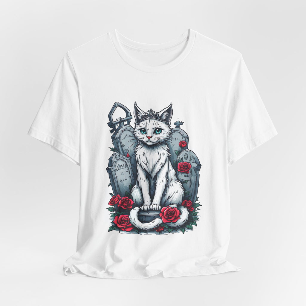 Gothic Cat Graveyard Tee – White Cat with Tombstones & Roses Graphic T-Shirt