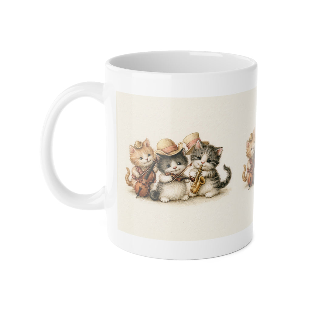 Cute Kitten Band Ceramic Mug — 11oz Coffee Cup with Vintage Cat Musicians