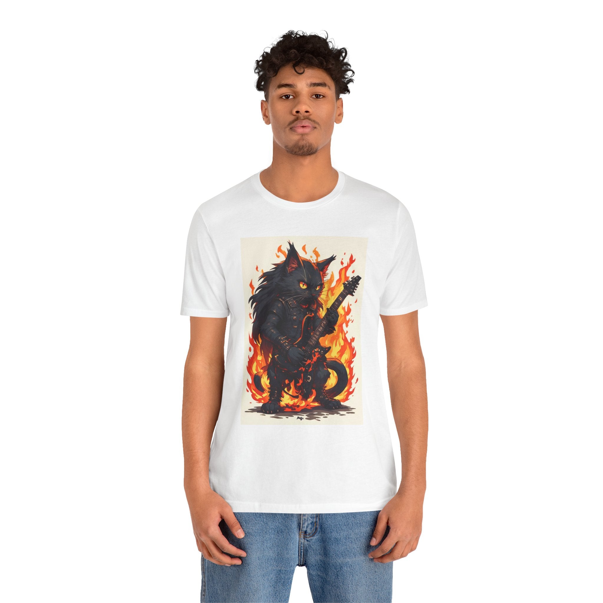 Flaming Rock Cat T-Shirt — Black Cat Guitarist Design