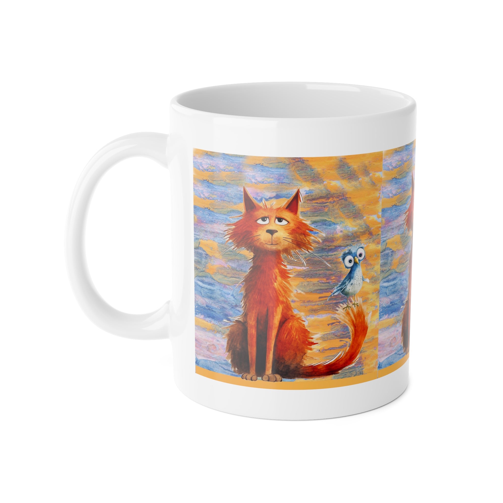 Whimsical Cat & Owl Ceramic Mug — Colorful 11oz Tea Coffee Cup