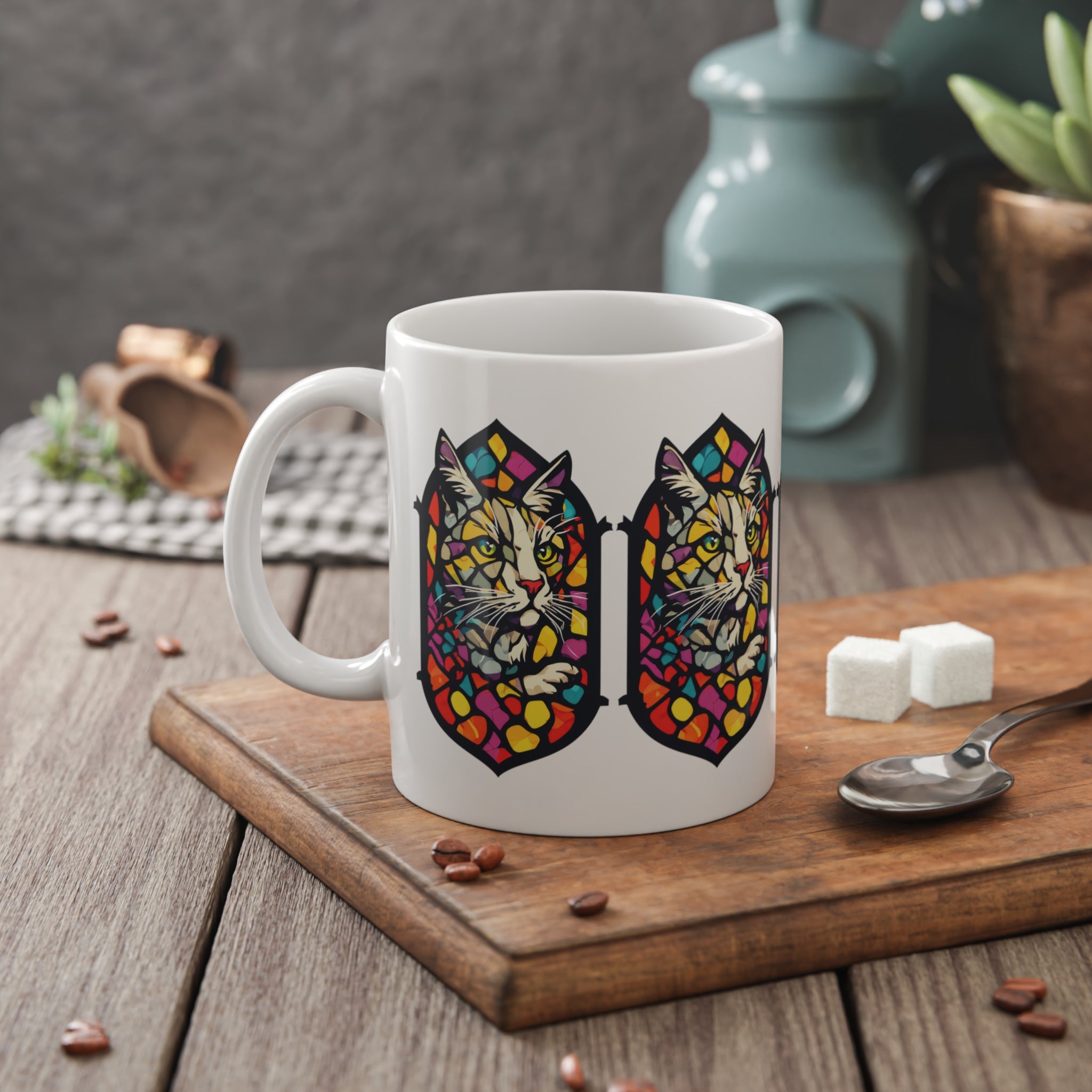 Stained Glass Cat Mug — Colorful Tabby Ceramic Coffee Cup, Cat Lover Gift