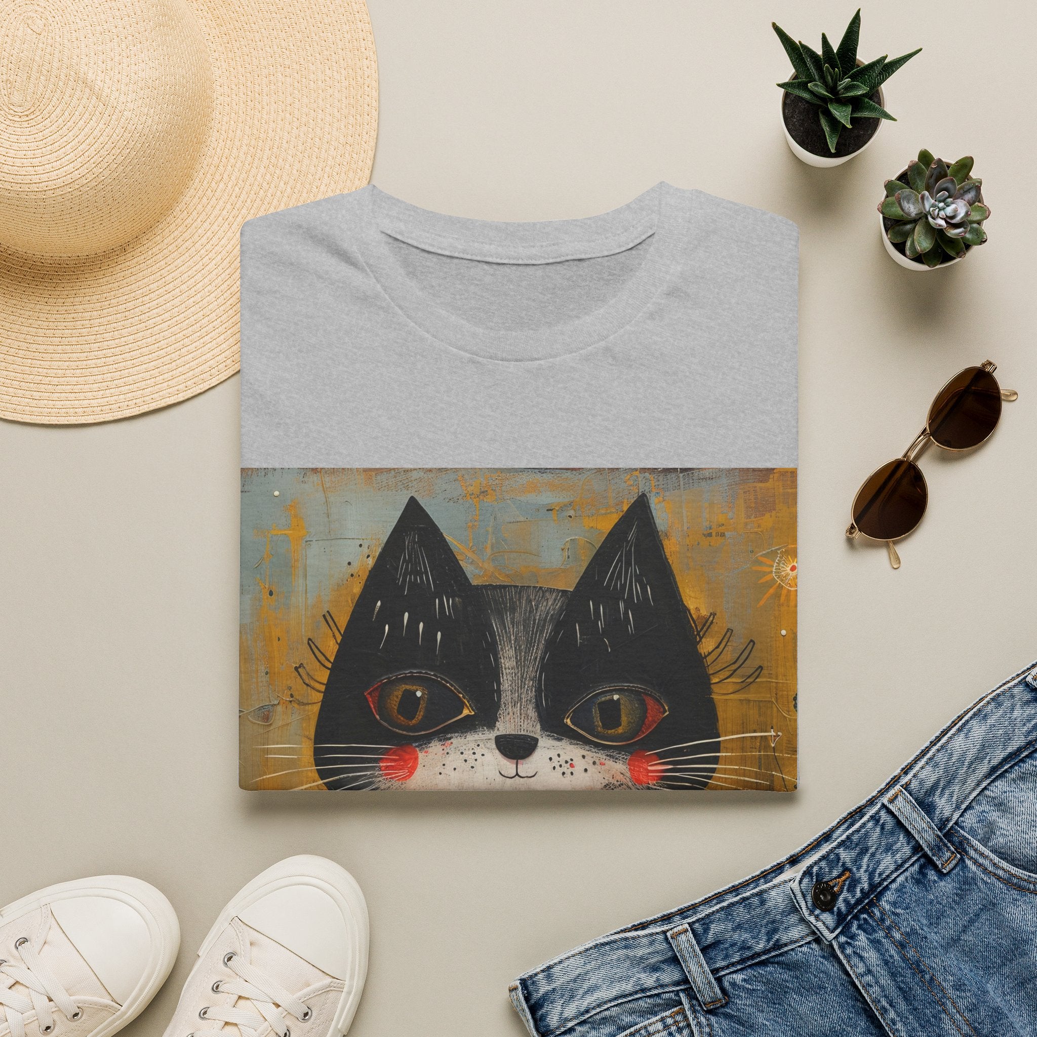 Whimsical Black & White Cat Tee — Cute Floral Portrait T-Shirt