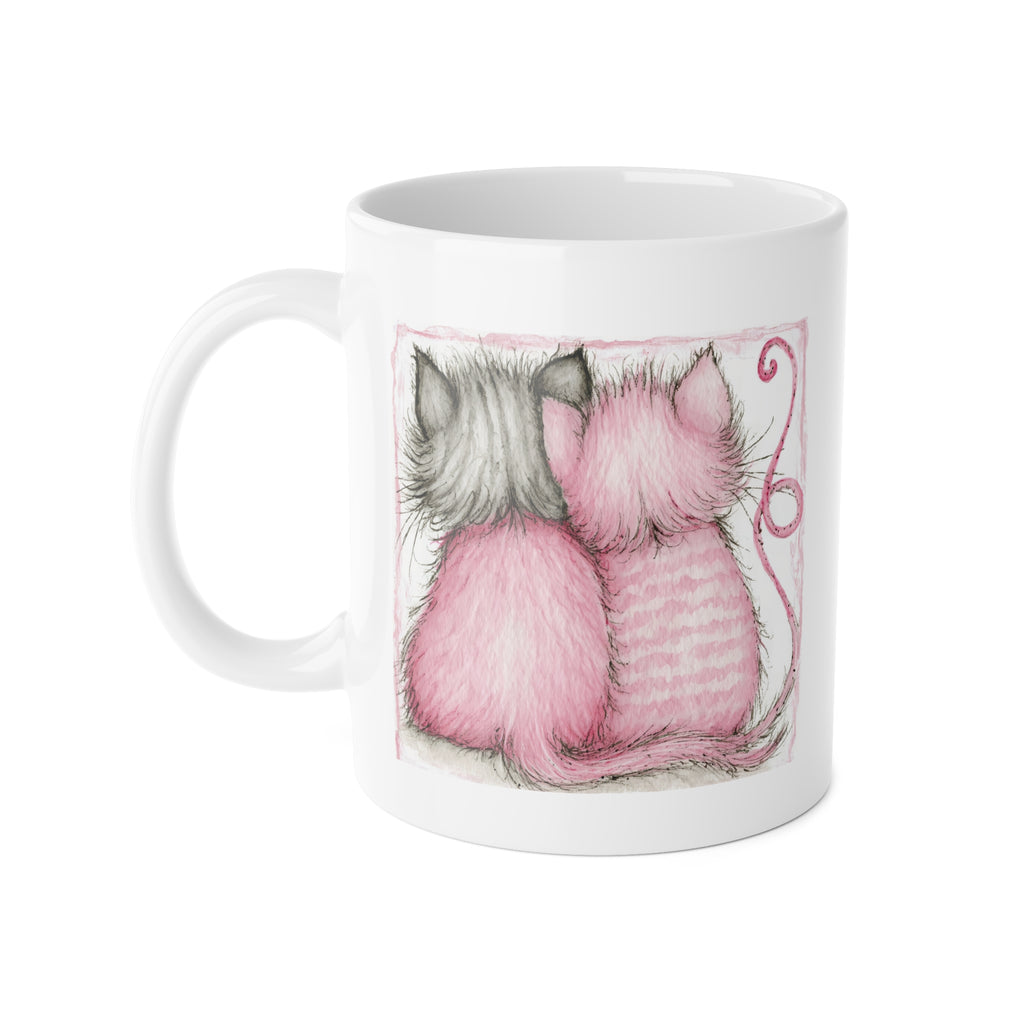 Cat Lovers Mug — Pair of Pink & Gray Kittens Illustration 11oz Ceramic