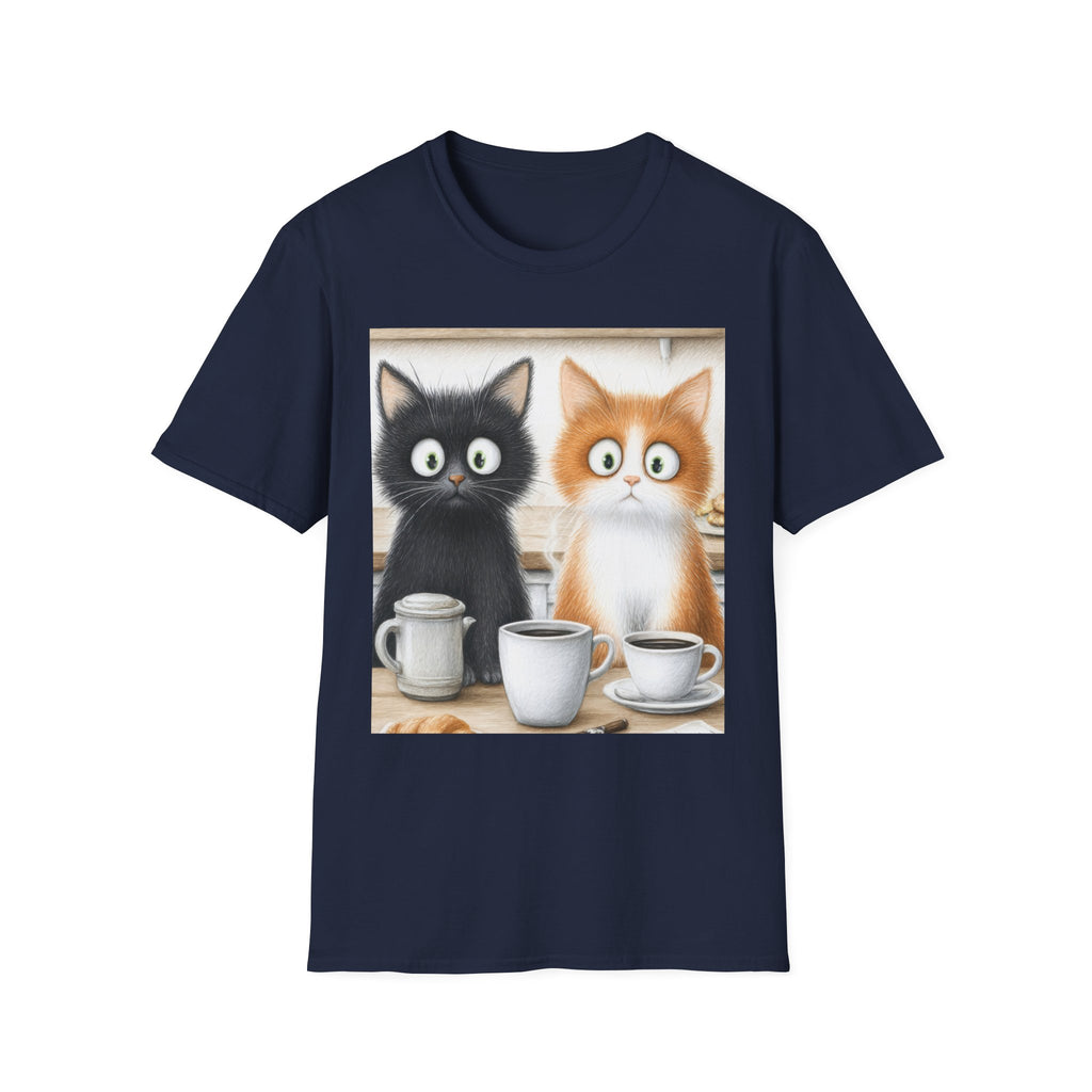 Cute Coffee Cats T‑Shirt — Wide‑Eyed Black & Ginger Kittens Graphic Tee