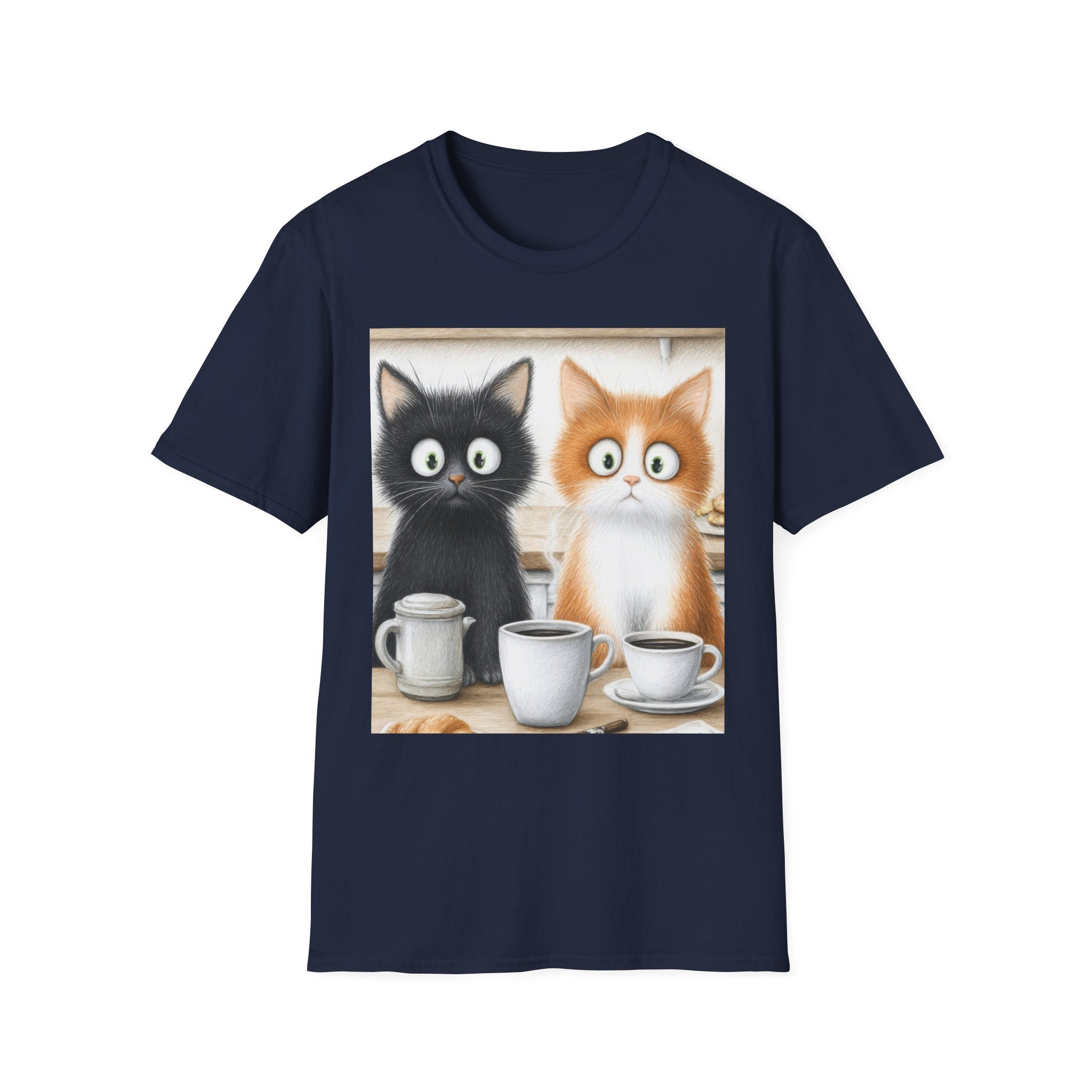Cute Coffee Cats T‑Shirt — Wide‑Eyed Black & Ginger Kittens Graphic Tee