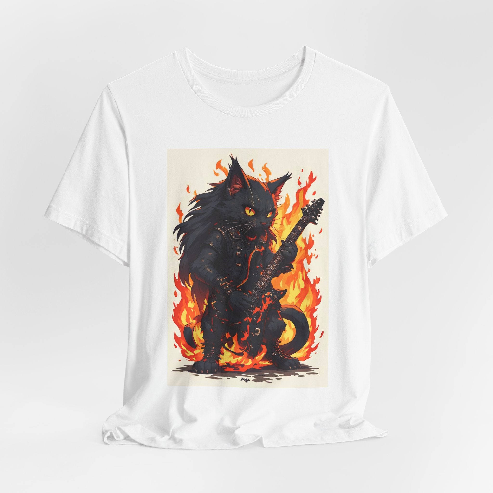 Flaming Rock Cat T-Shirt — Black Cat Guitarist Design