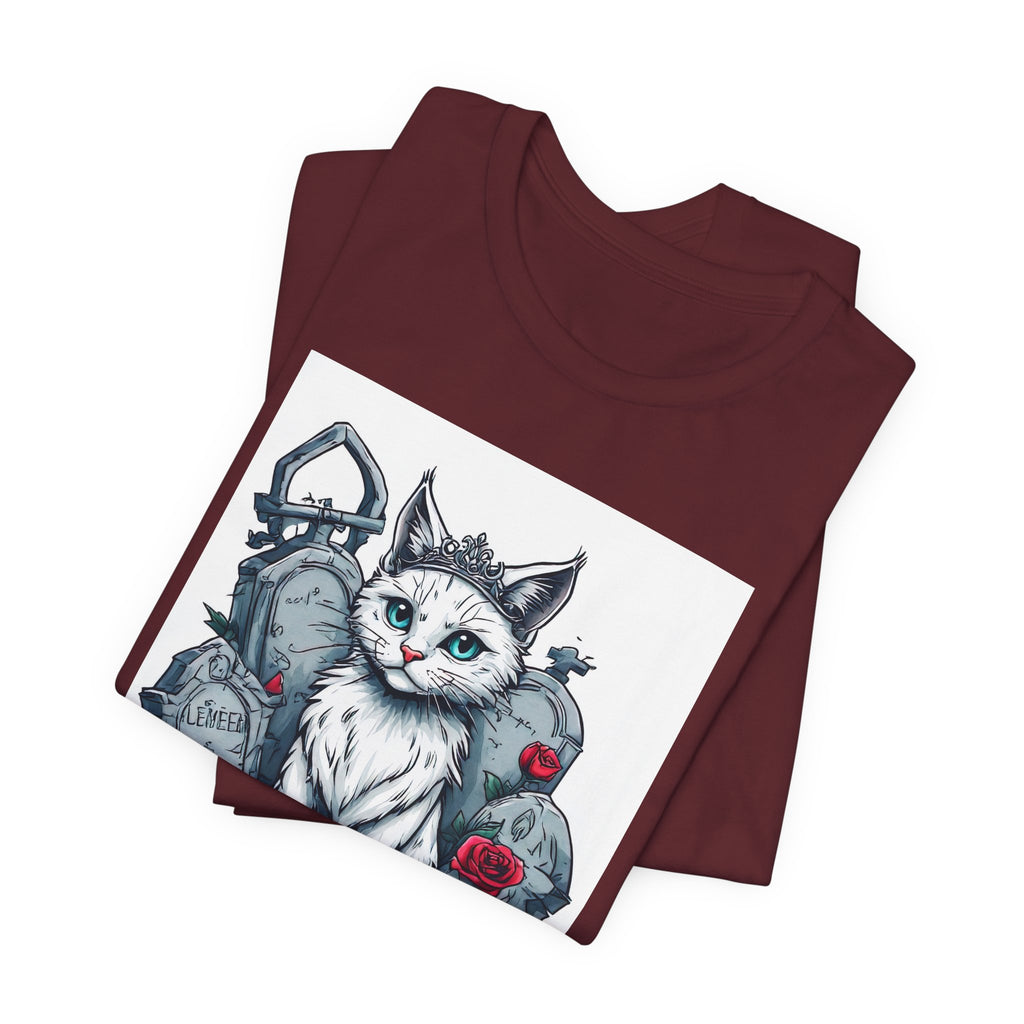 Gothic Cat Graveyard Tee – White Cat with Tombstones & Roses Graphic T-Shirt