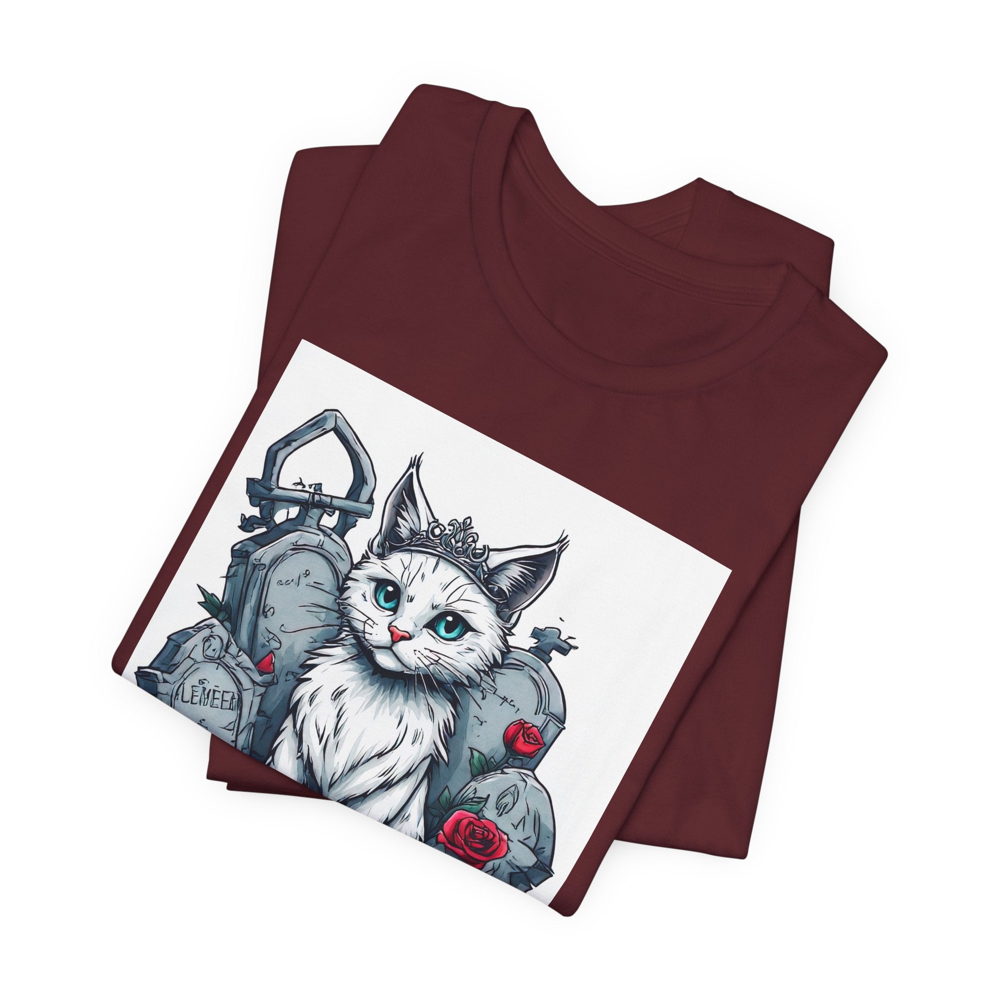 Gothic Cat Graveyard Tee – White Cat with Tombstones & Roses Graphic T-Shirt