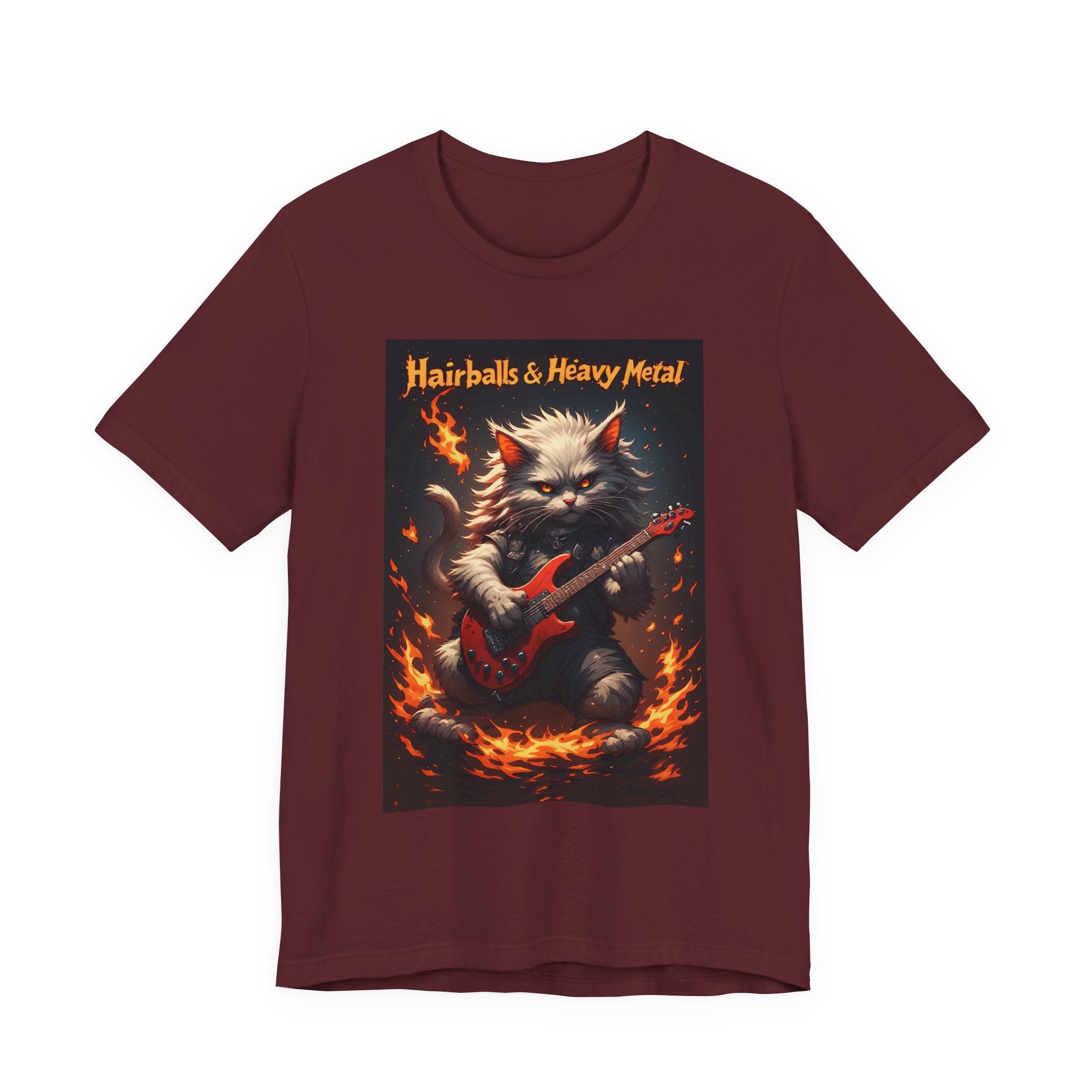 Hairballs & Heavy Metal T‑Shirt — Cat Guitarist Rock Tee