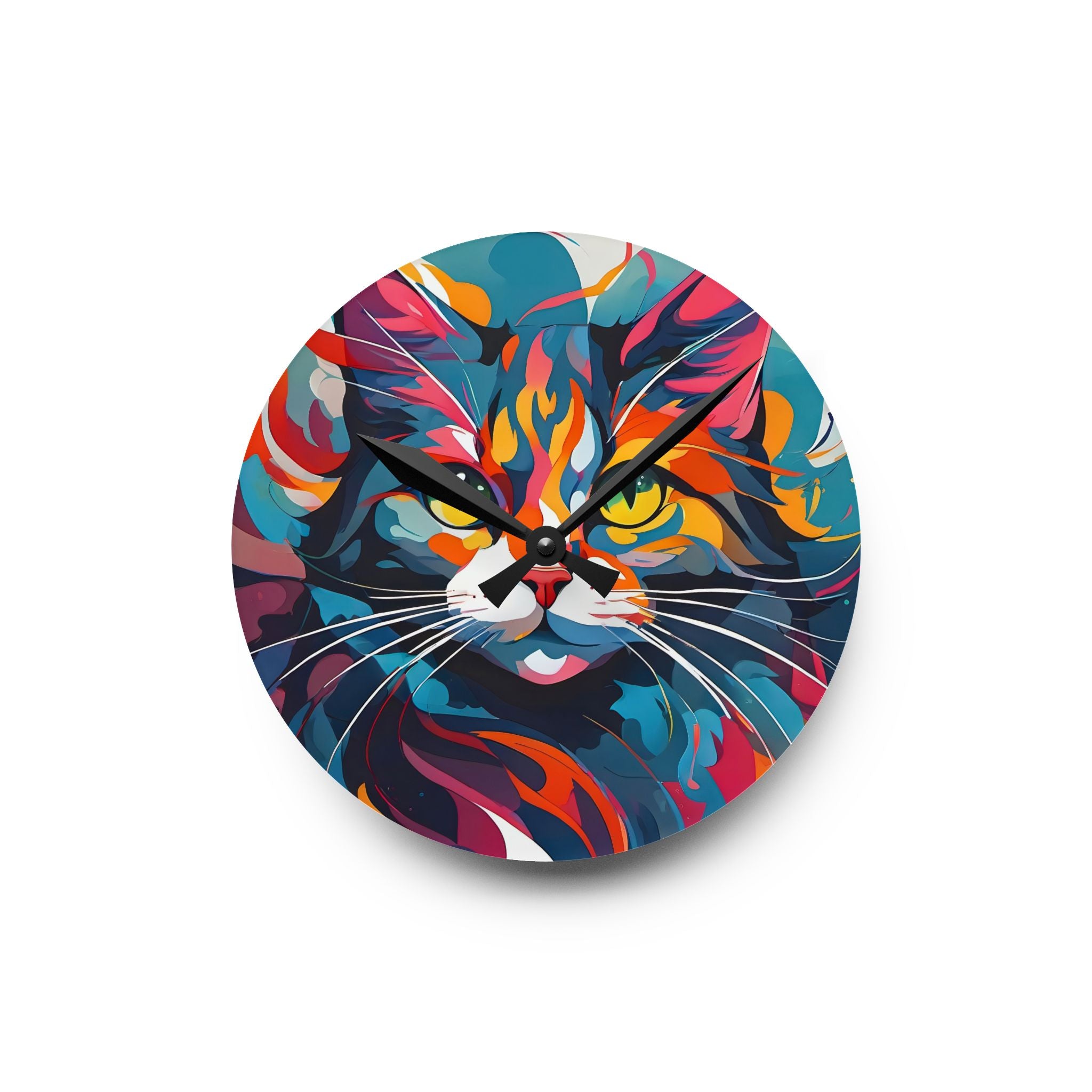 Vibrant Pop Art Cat Acrylic Wall Clock – Colorful Modern Cat Home Décor