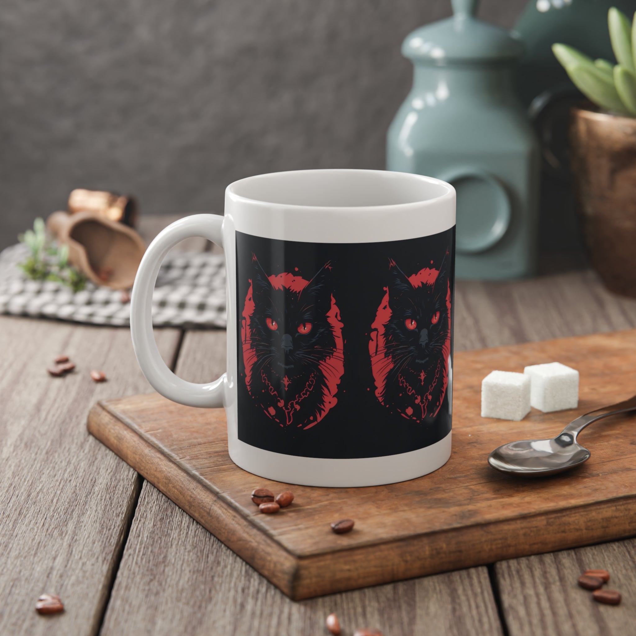 Black Cat Portrait Mug — Gothic Red & Black Ceramic Coffee Cup