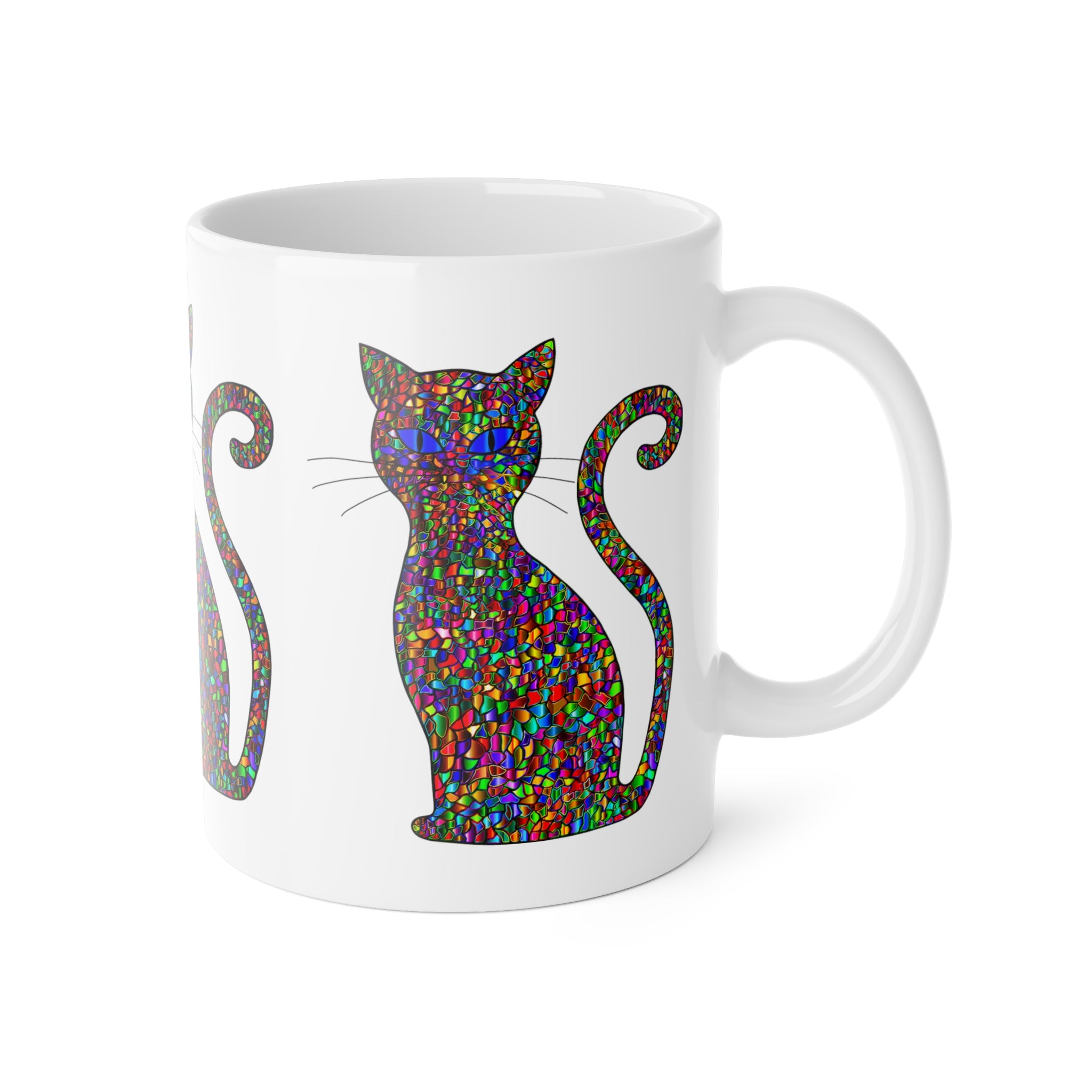 Colorful Mosaic Cat Mug — 11oz Ceramic Coffee Cup