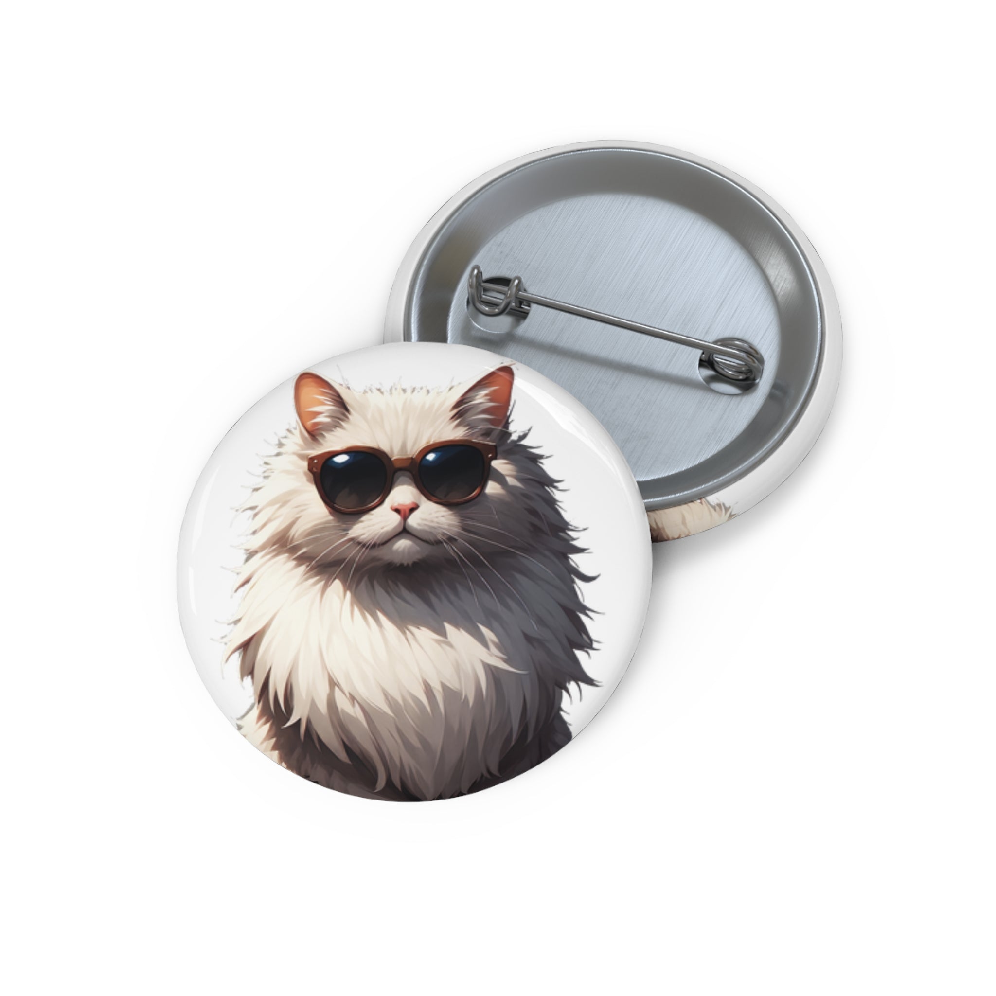 Cat with Sunglasses Pin Button — Cool Fluffy Cat Enamel Style Badge