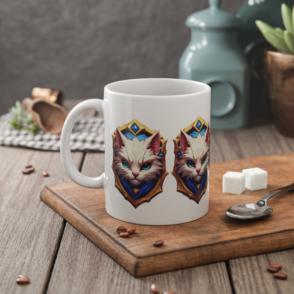 11oz Ceramic Mug — Regal White Cat Crest Coffee Tea Cup