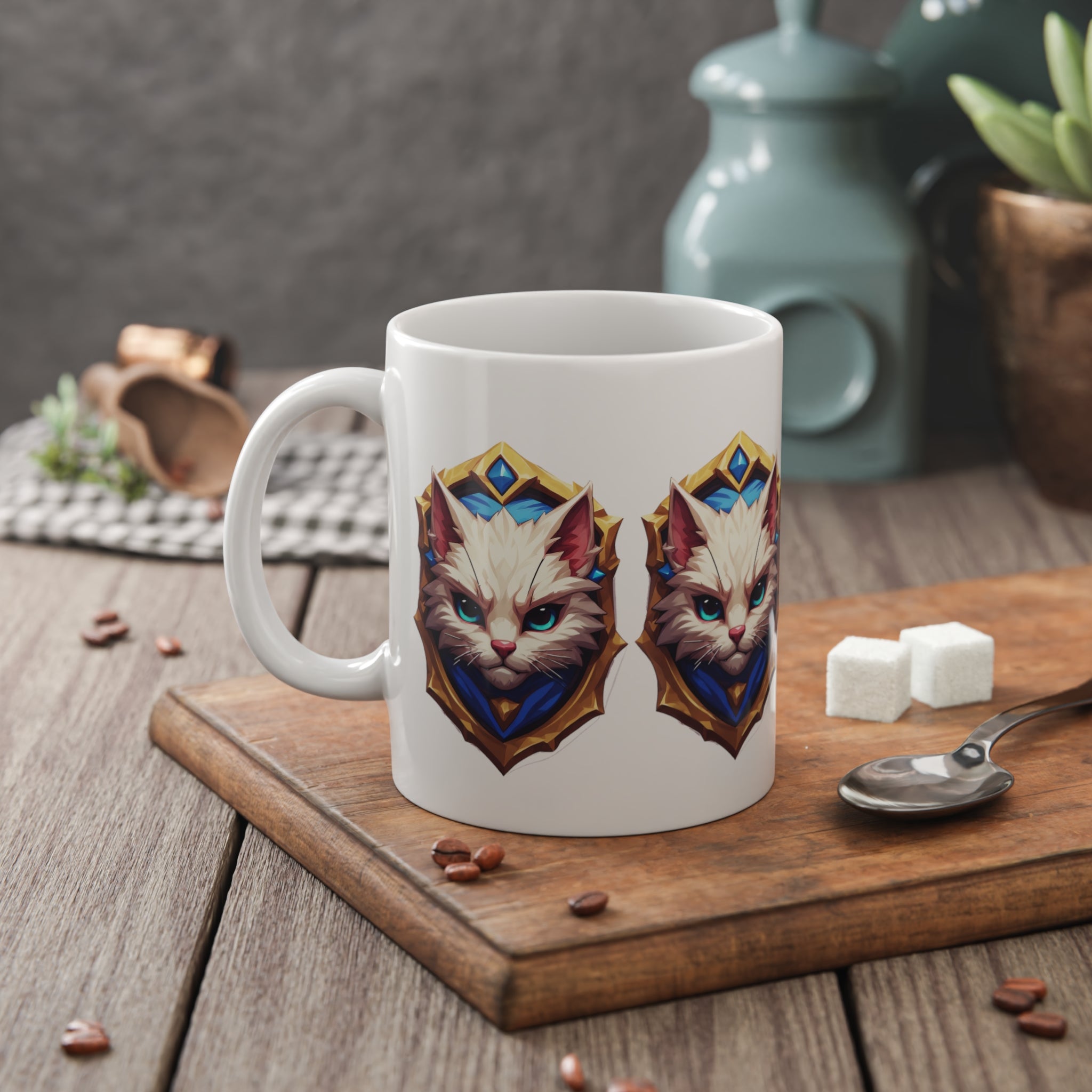 11oz Ceramic Mug — Regal White Cat Crest Coffee Tea Cup