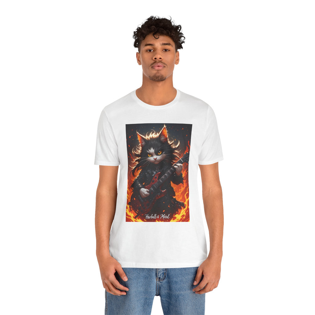 Flaming Rock Cat T‑Shirt — Guitarist Kitty in Flames Graphic Tee