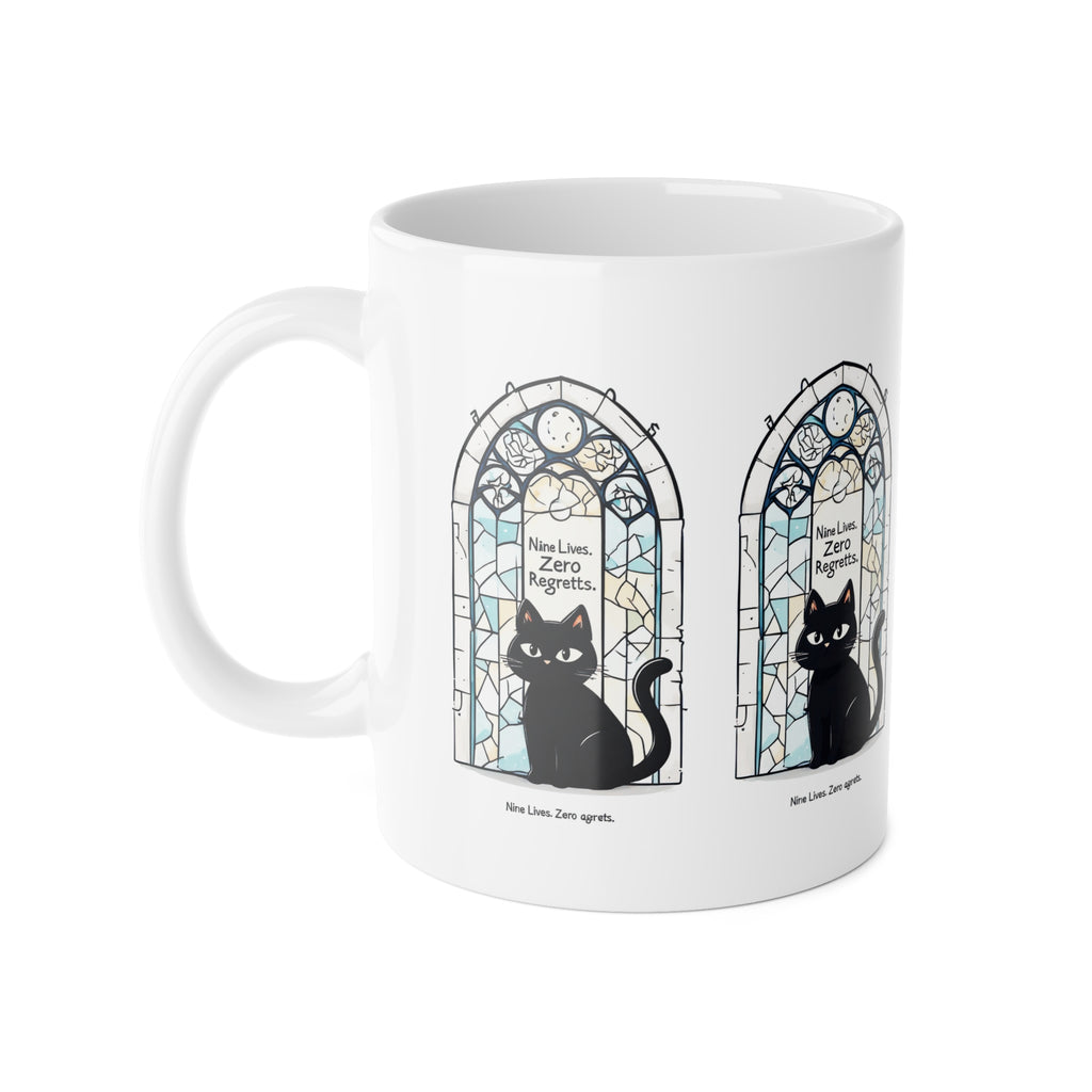 Cat Mug — Black Cat Stained Glass Design with "Nine Lives, Zero Regrets" — Ceramic Coffee Cup
