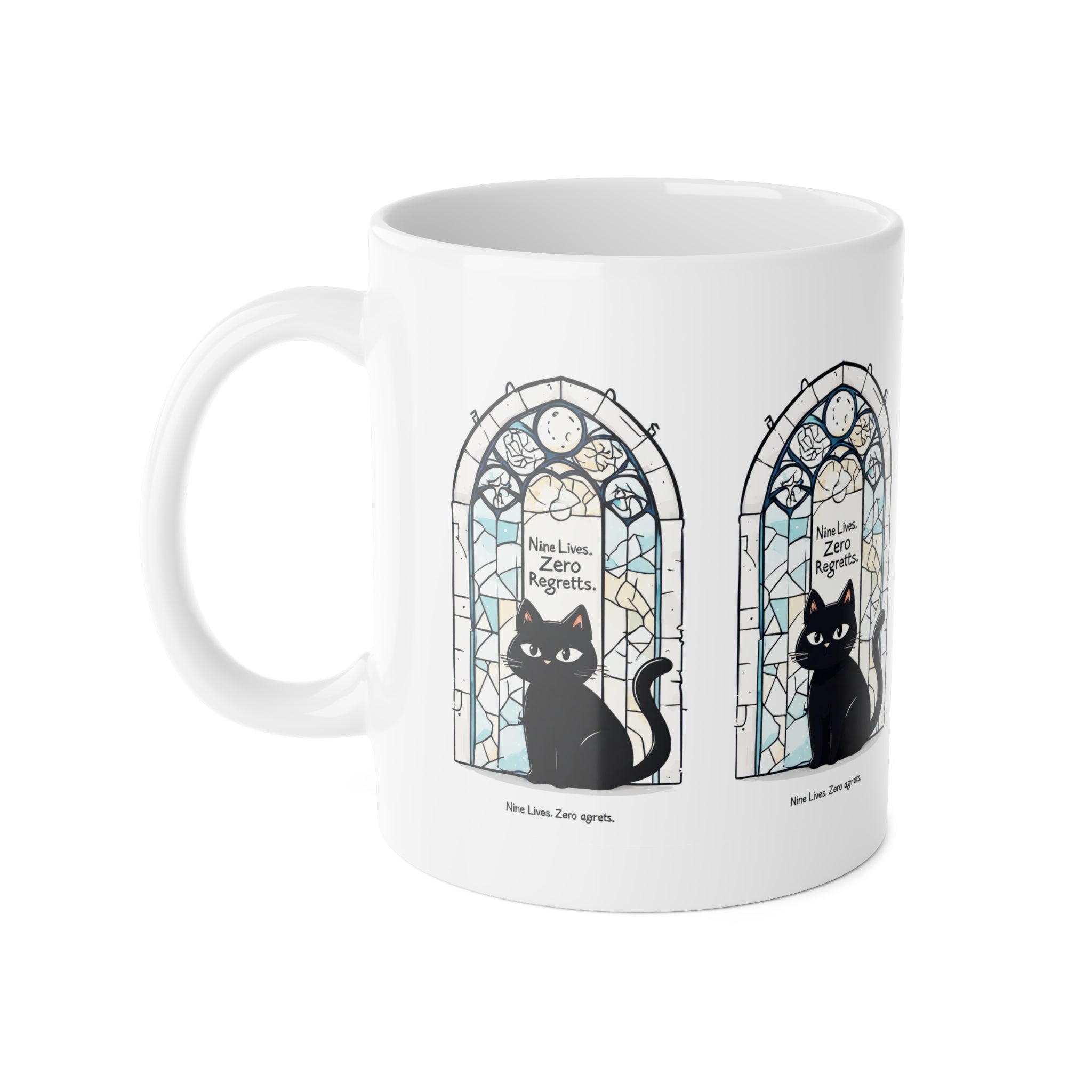 Cat Mug — Black Cat Stained Glass Design with "Nine Lives, Zero Regrets" — Ceramic Coffee Cup