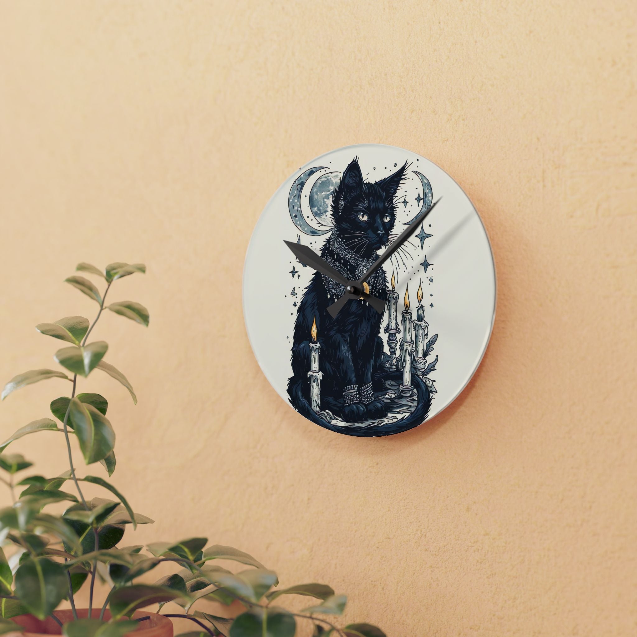 Celestial Black Cat Wall Clock – Mystical Moon & Candle Gothic Decor