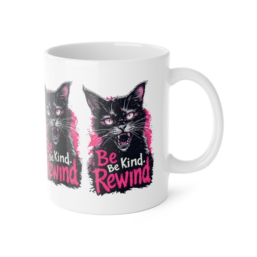 Cat Mug — 'Be Kind. Rewind.' Retro Grunge Black Cat Coffee Cup, Gift for Cat Lovers