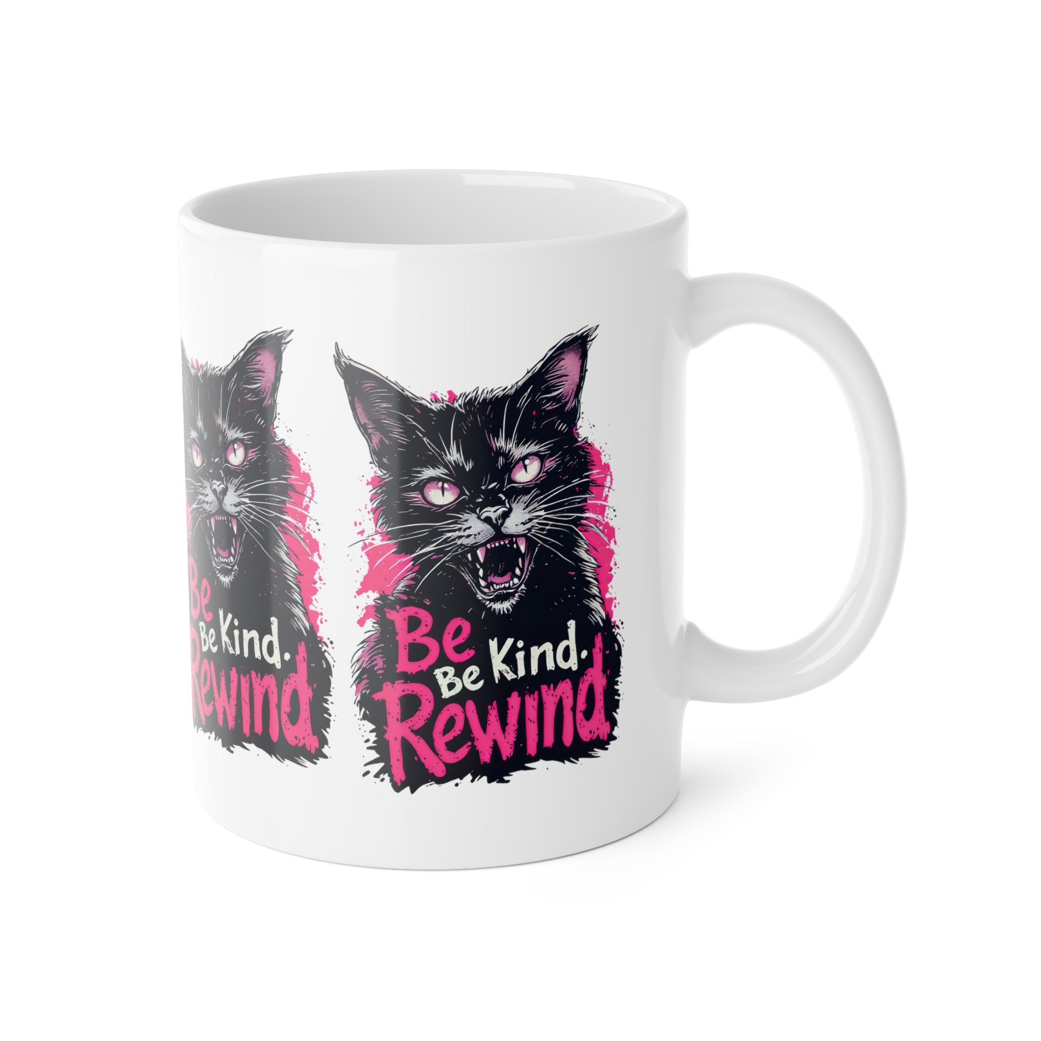 Cat Mug — 'Be Kind. Rewind.' Retro Grunge Black Cat Coffee Cup, Gift for Cat Lovers