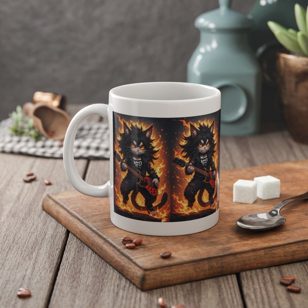 Rock Cat Flame Guitar Mug — Heavy Metal Black Kitty Coffee Cup