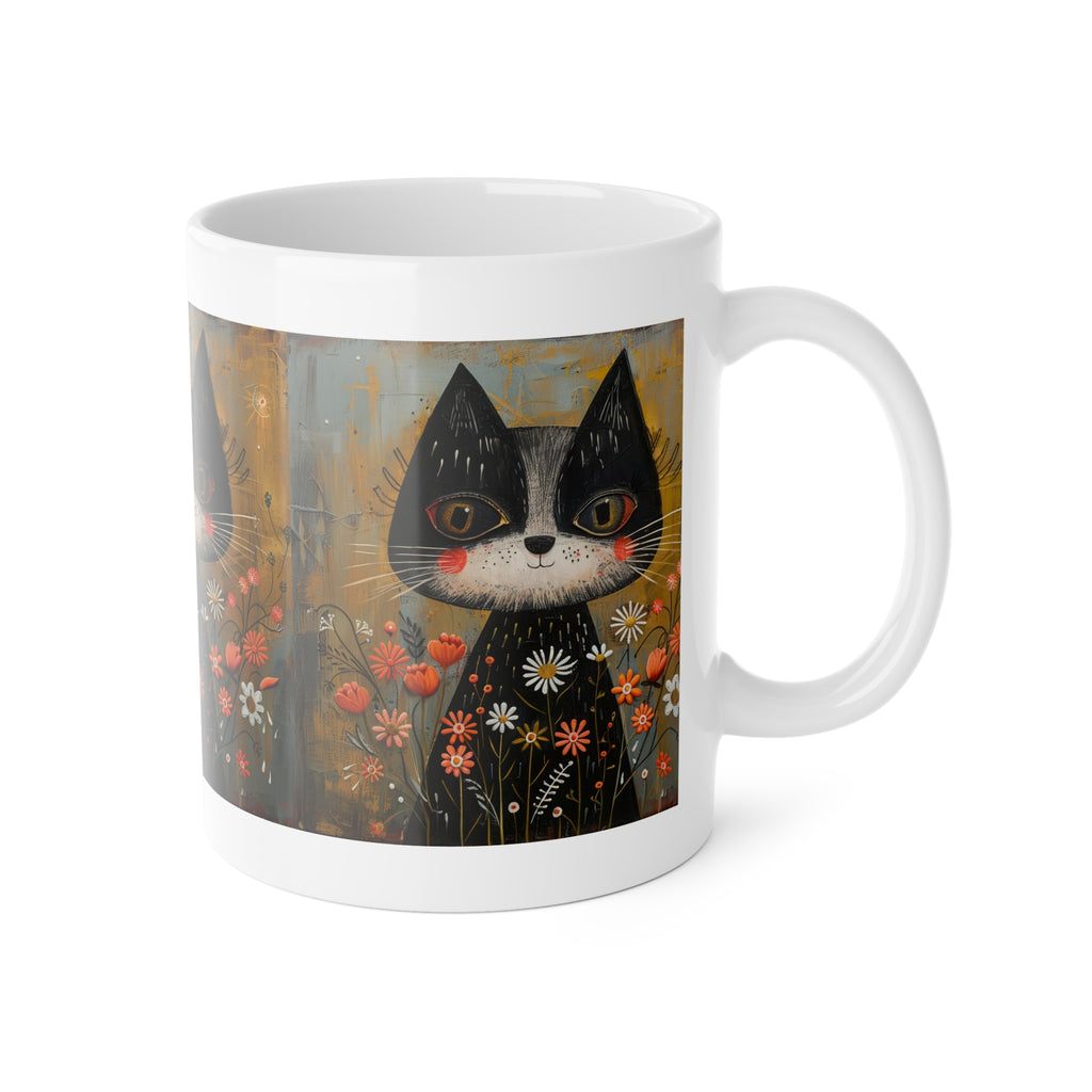 Cute Black Cat Floral Mug — Whimsical Daisy Garden Ceramic Coffee Cup