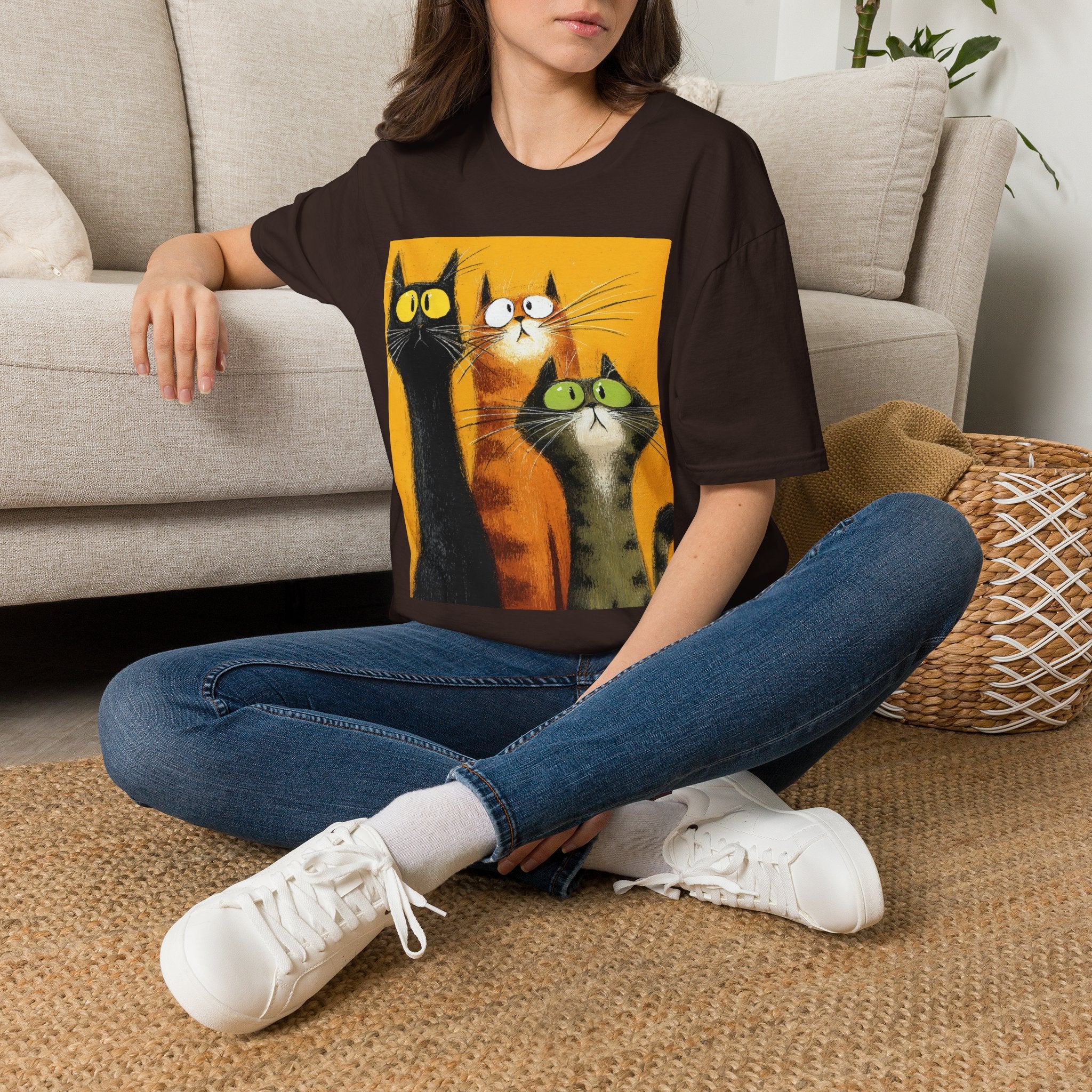 Cat Trio Graphic T-Shirt — Cute Whimsical Cats Art Tee