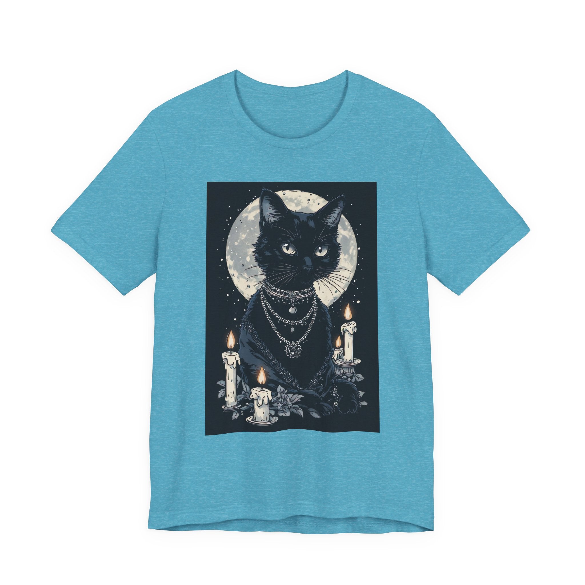 Mystic Moon Black Cat Tee — Gothic Cat T-Shirt with Candles & Crescent Moon