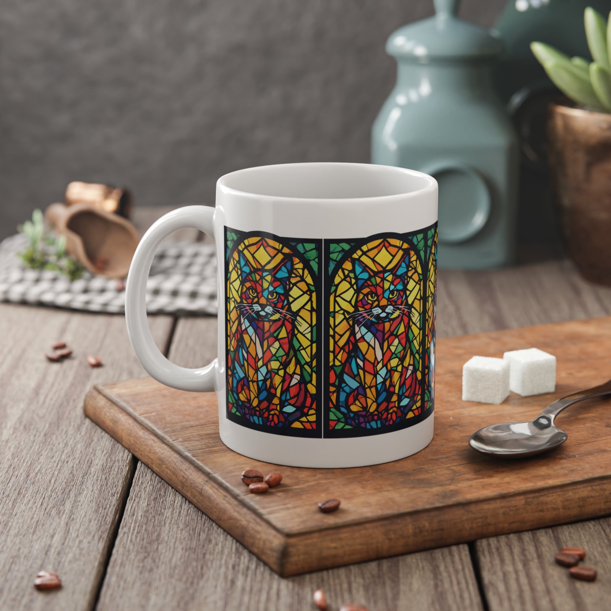 Stained Glass Cat Mug — 11oz Ceramic Coffee Cup, Colorful Cathedral-Style Cat Art