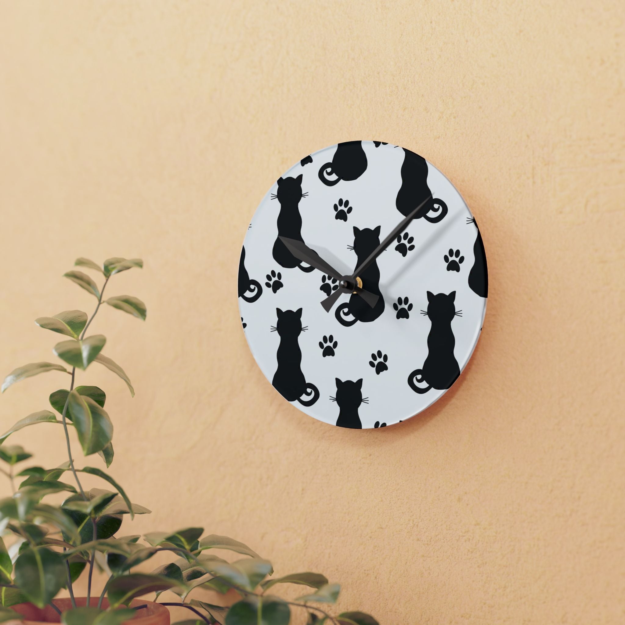 Black Cat Silhouette Acrylic Wall Clock – Modern Cat Lover Home Décor