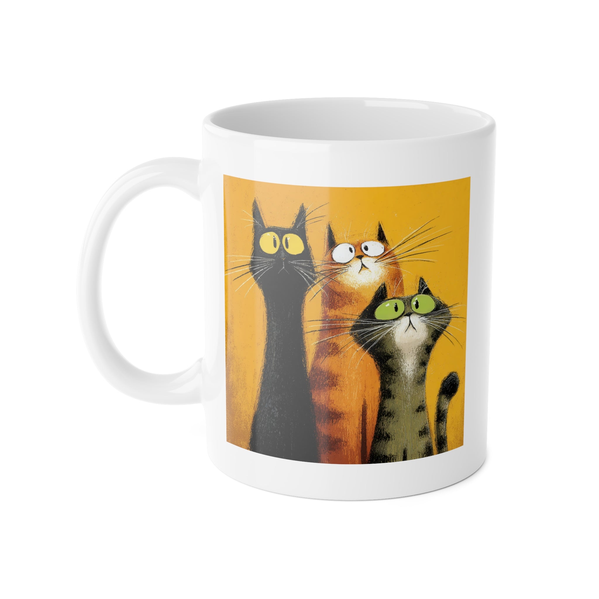 Cat Trio Mug — Whimsical Yellow Ceramic Coffee Cup