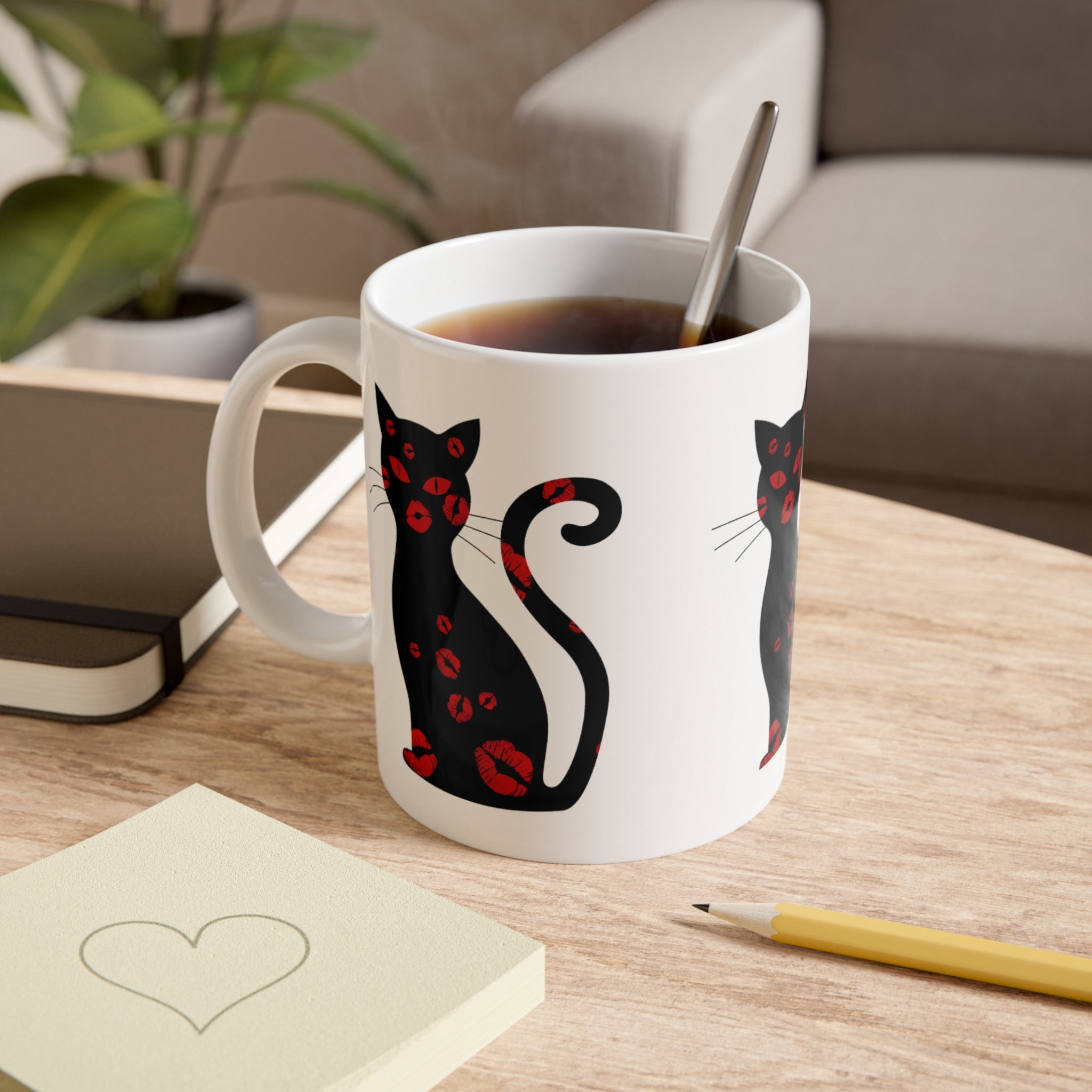 Black Cat Kiss Mug — 11oz Ceramic Coffee Cup with Red Lipstick Prints