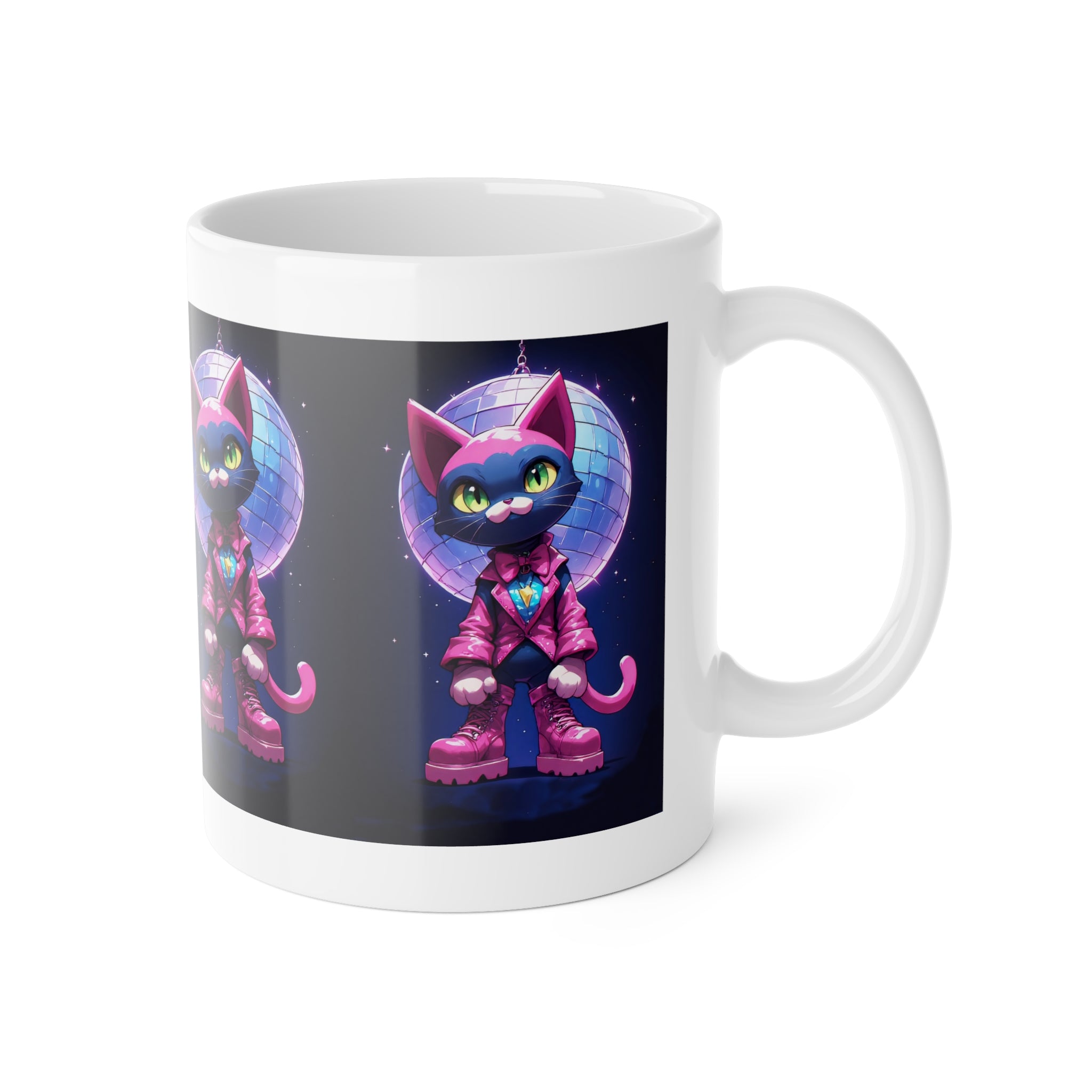 Retro Disco Cat Mug — Neon 80s Cyberpunk Coffee Cup