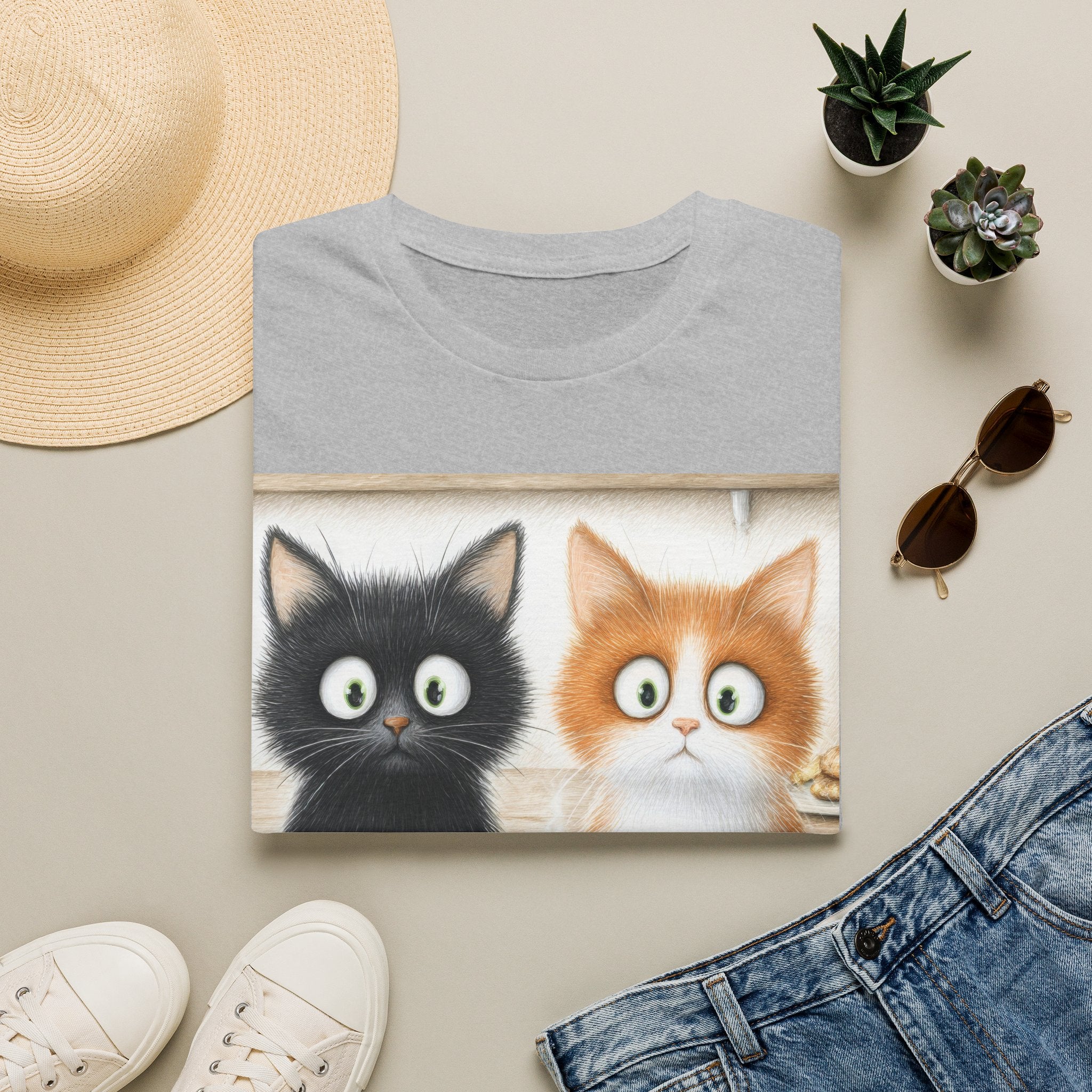 Cute Coffee Cats T‑Shirt — Wide‑Eyed Black & Ginger Kittens Graphic Tee
