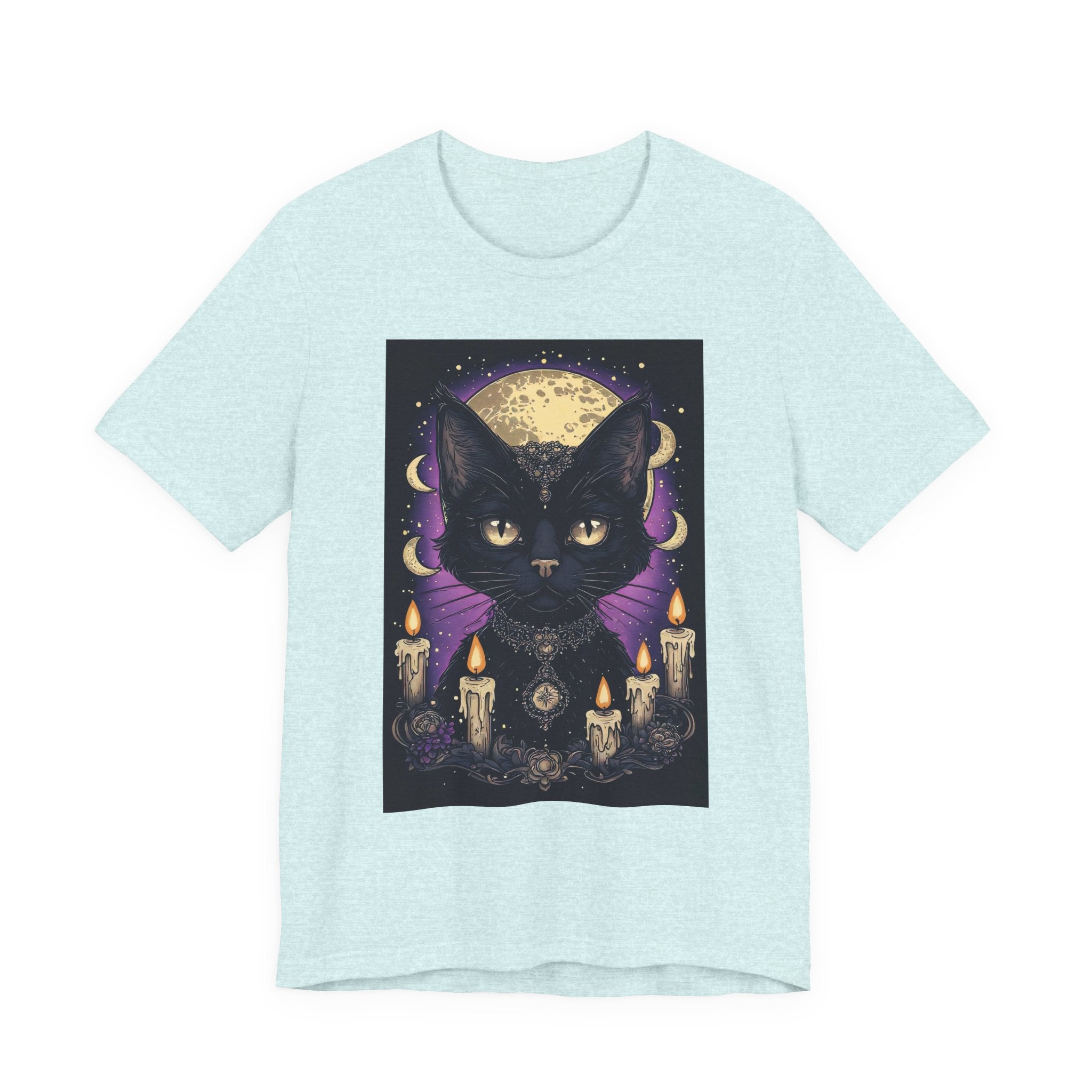 Mystic Black Cat Tee — Moon, Candles & Crescent Phases Graphic T-Shirt