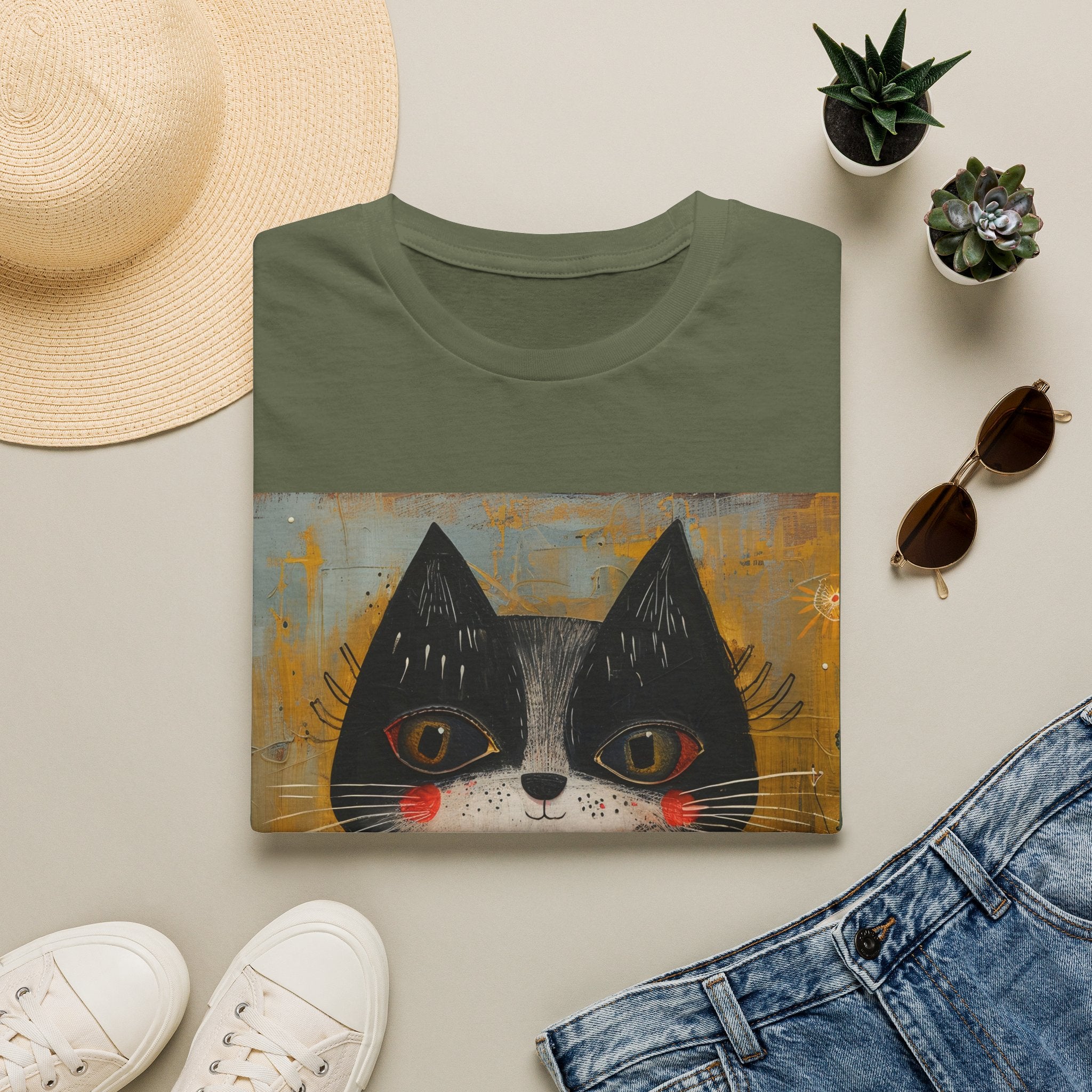 Whimsical Black & White Cat Tee — Cute Floral Portrait T-Shirt