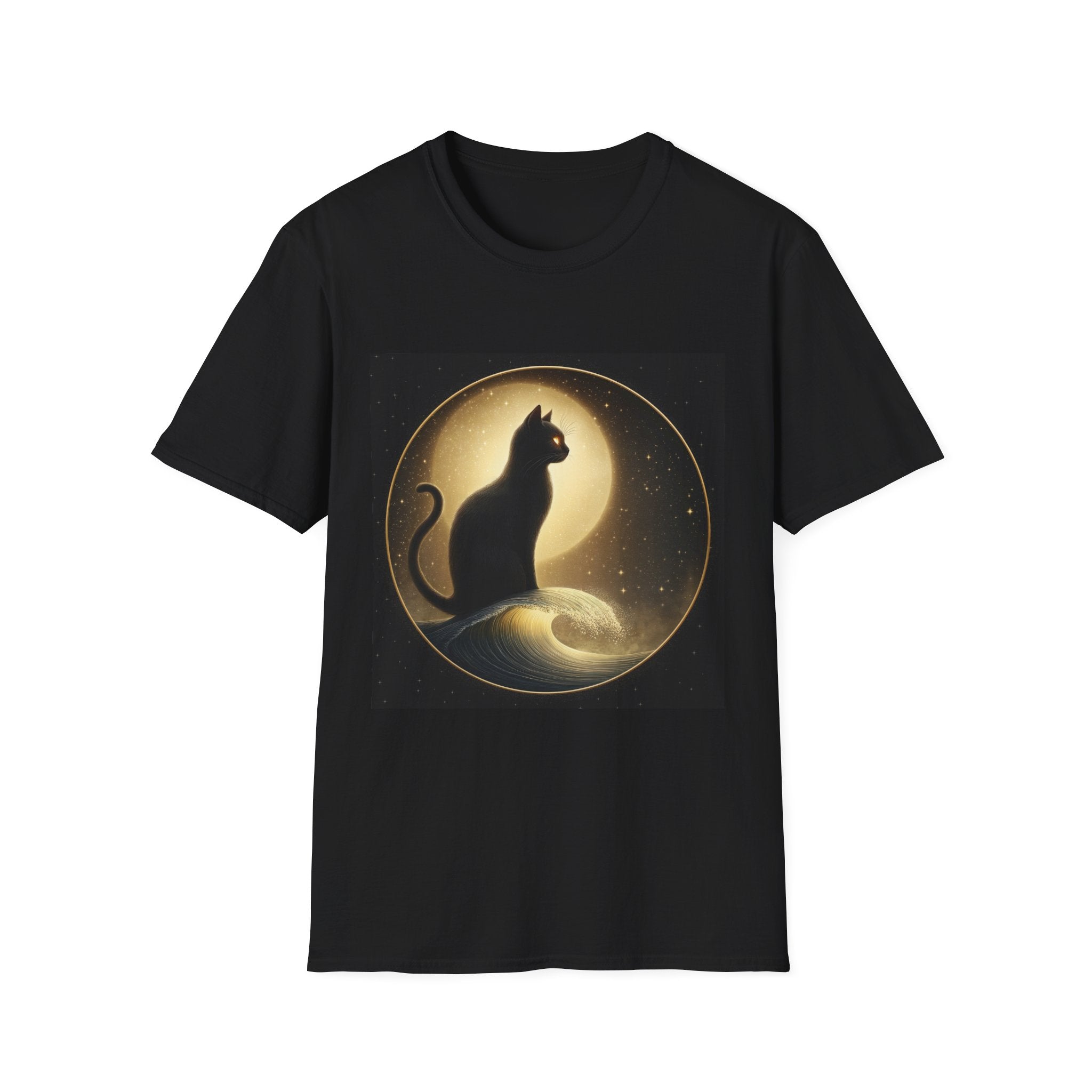 Moonlit Cat T-Shirt — Silhouette Cat on Crescent Moon Graphic