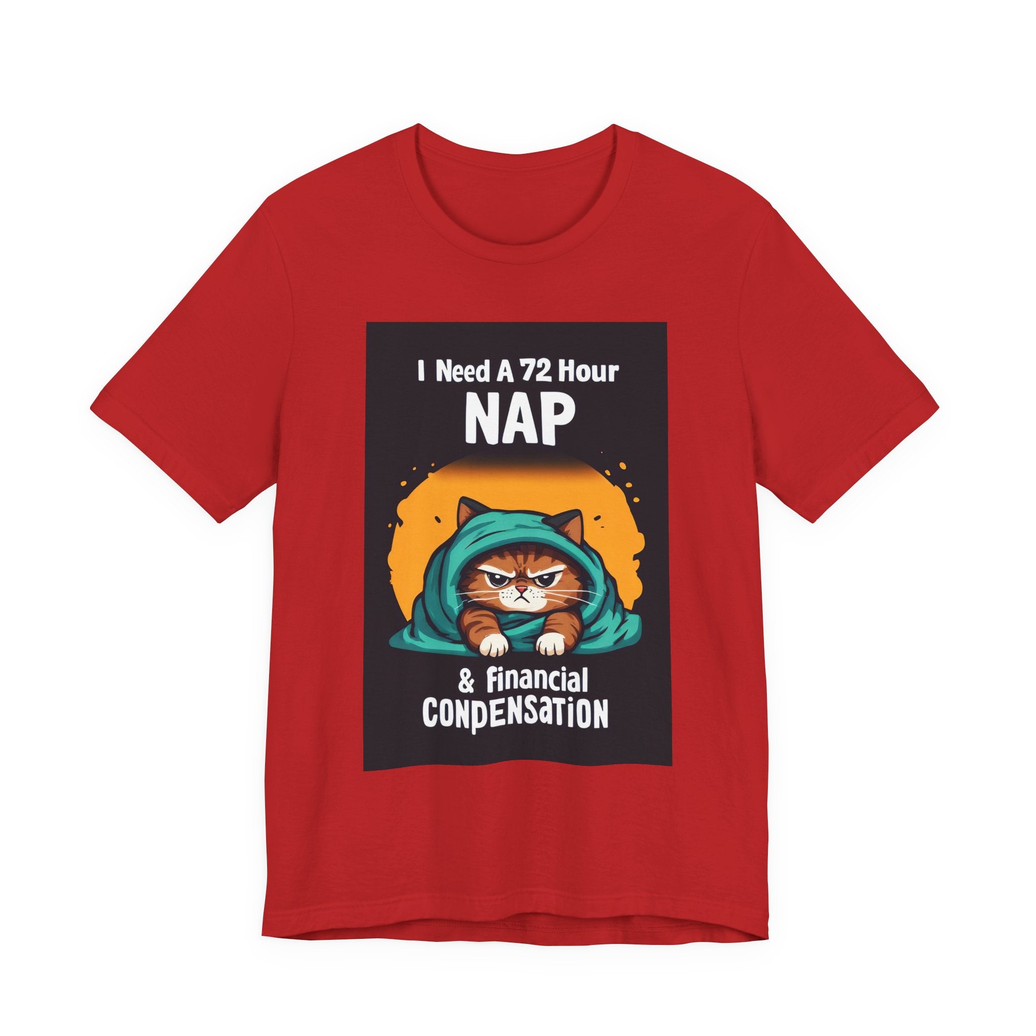Nap & Financial Compensation T-Shirt — Funny Cat 72-Hour Nap Tee
