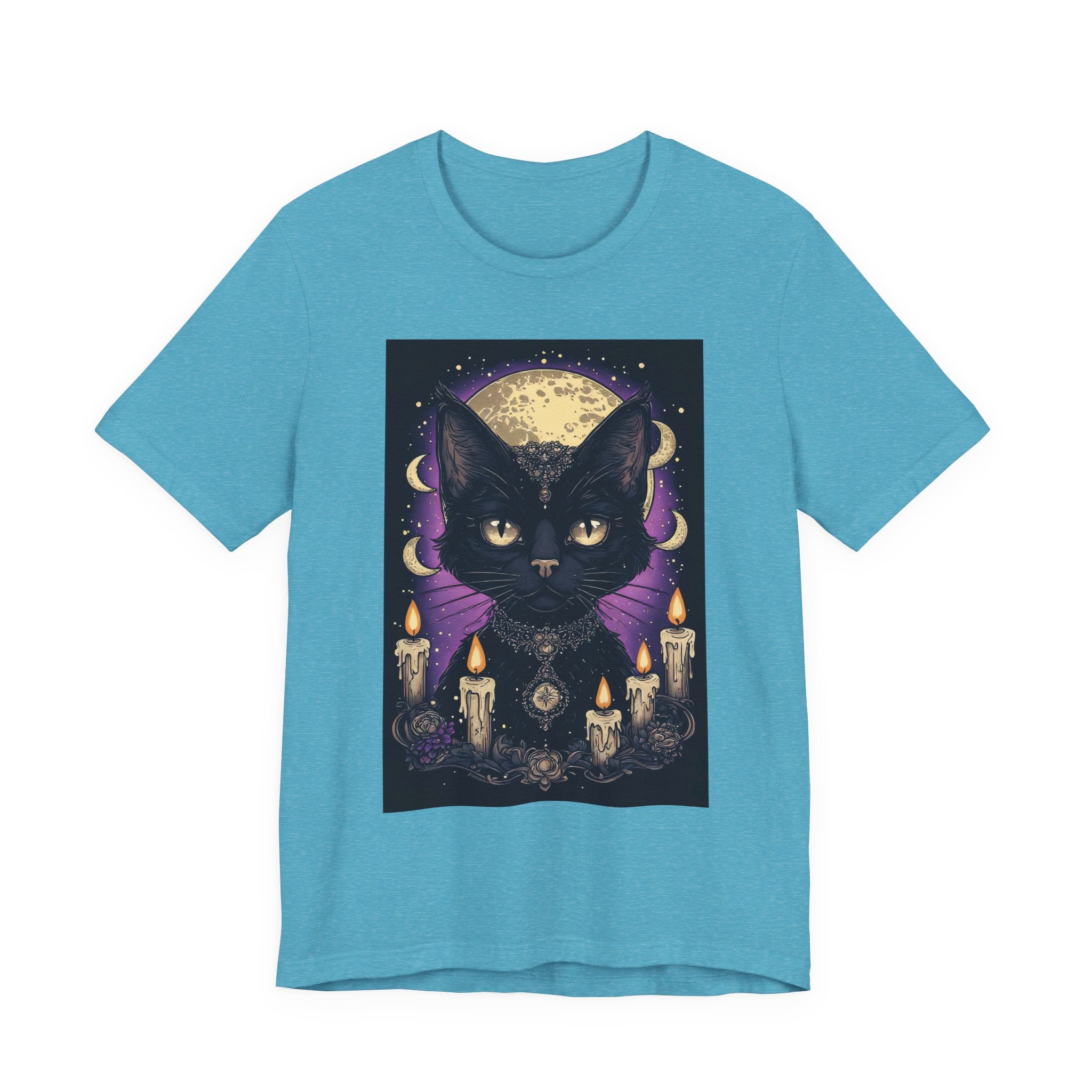 Mystic Black Cat Tee — Moon, Candles & Crescent Phases Graphic T-Shirt
