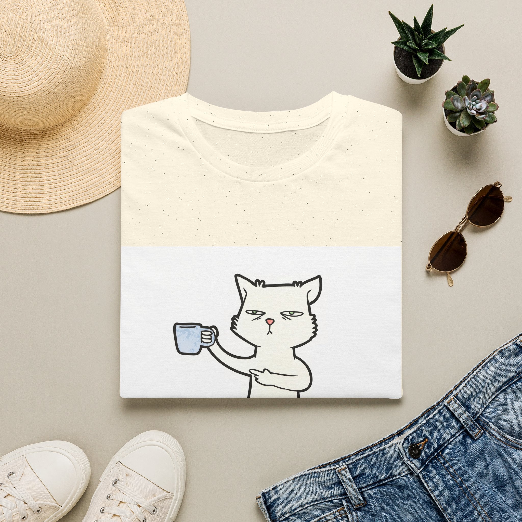 Cat with Coffee T‑Shirt — "First I Drink The Coffee, Then I Do The Things" Cute Lazy Cat Tee