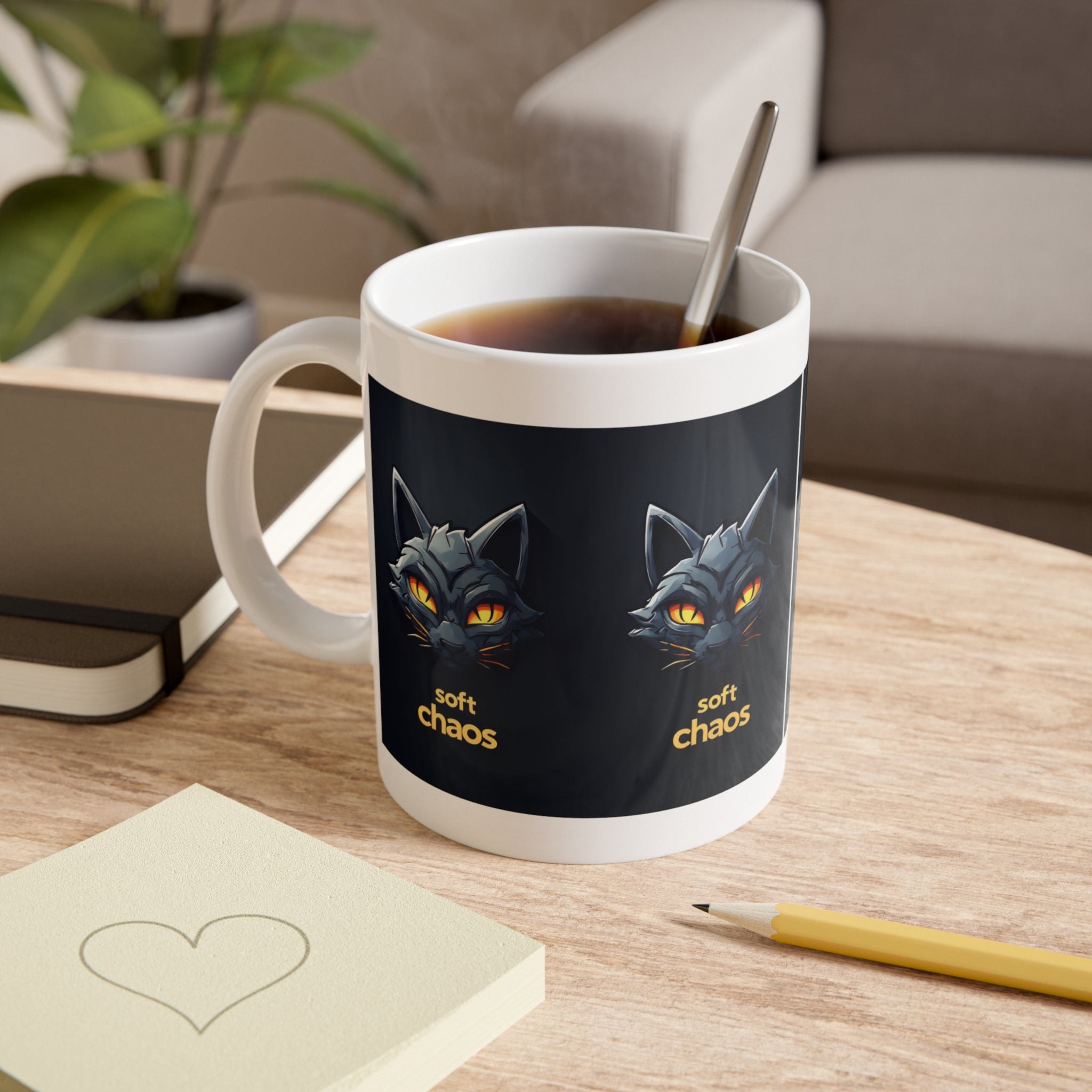 Soft Chaos Cat Mug — Black Cat Illustration Coffee Cup (11 oz)