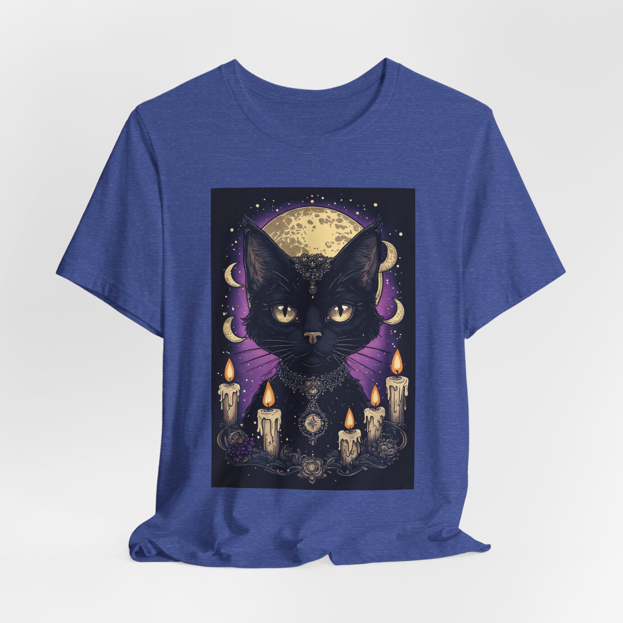 Mystic Black Cat Tee — Moon, Candles & Crescent Phases Graphic T-Shirt