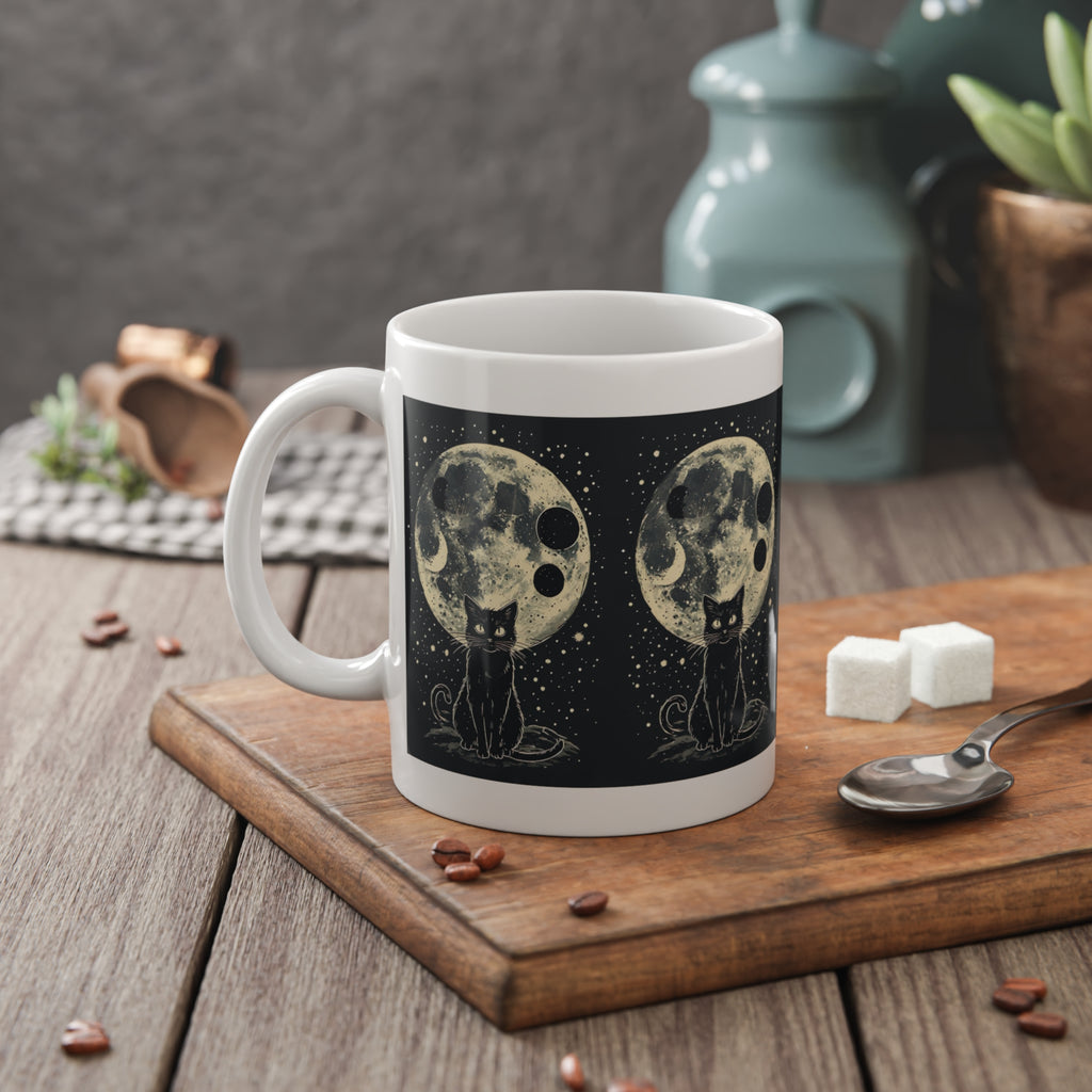 Black Cat Moon Ceramic Mug — Mystical Night Sky 11oz