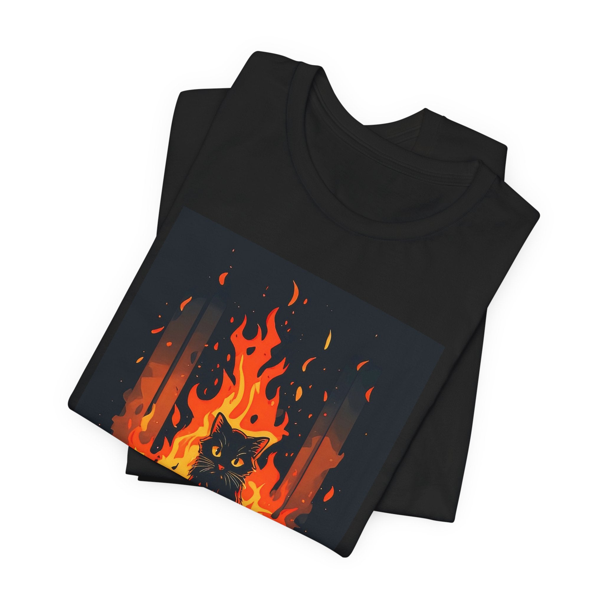 Everything Is Fine Cat Tee — Funny Cat Shirt with Burning Flames Graphic