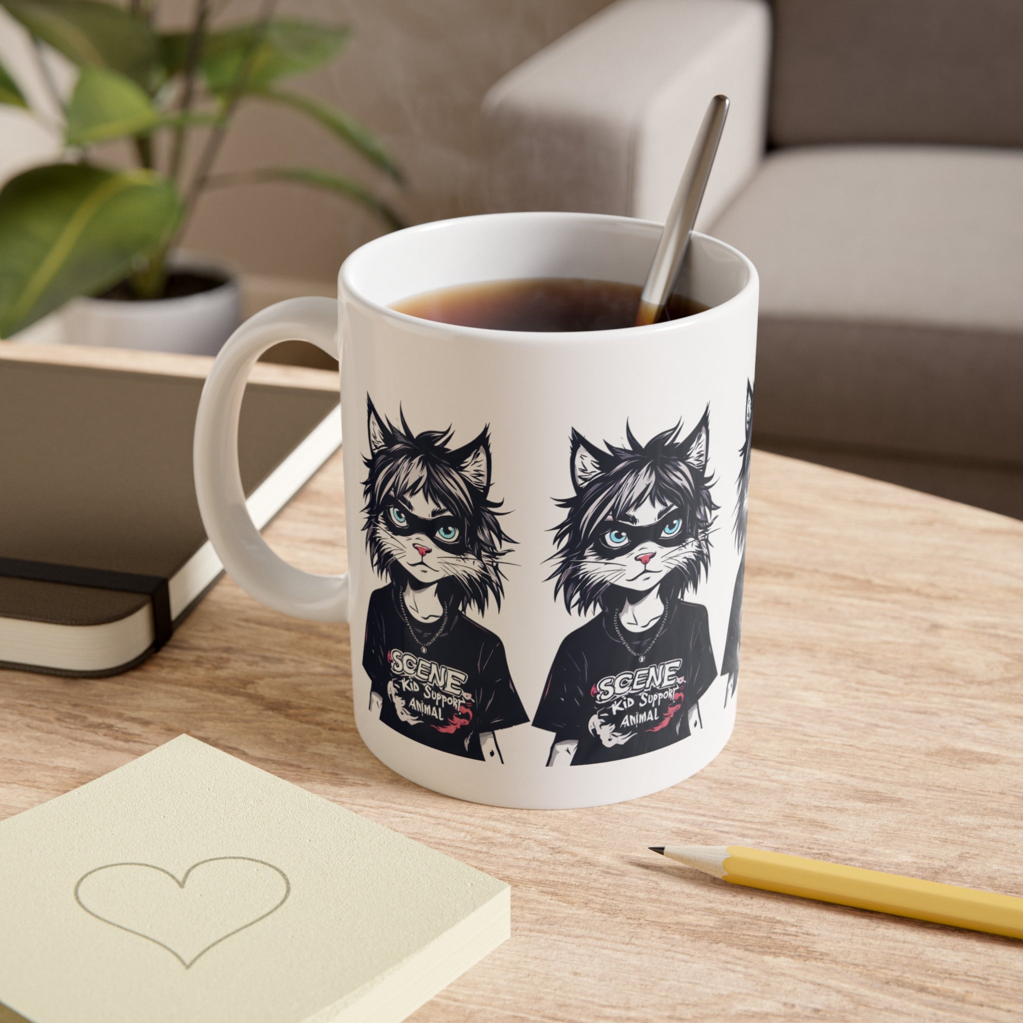 Scene Kid Cat Mug — Retro Emo Cat Illustration "Scene Kid" 11oz Ceramic Coffee Cup
